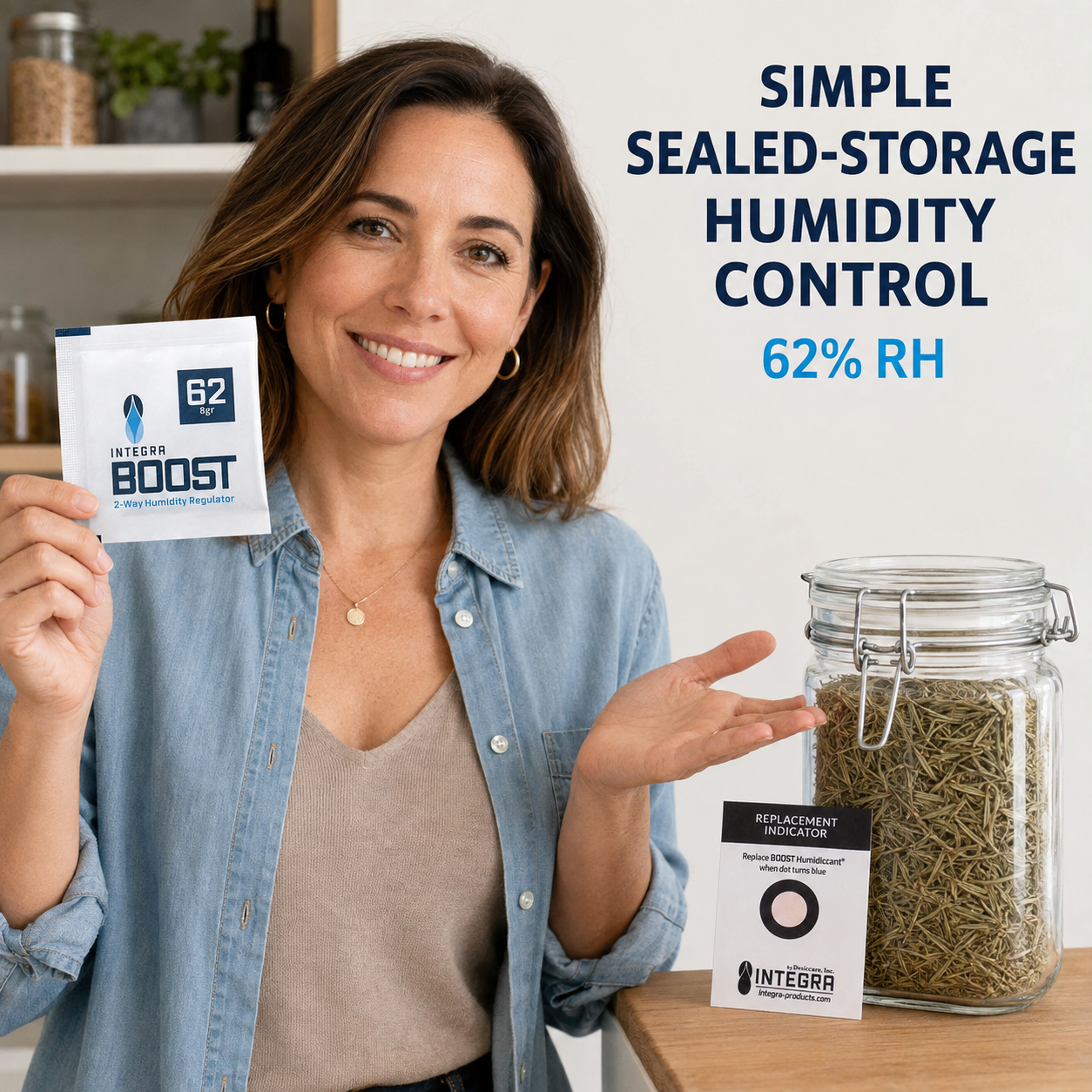 Adult Australian woman presenting an Integra Boost 62% RH 8g humidity pack beside a sealed jar of dried culinary rosemary.