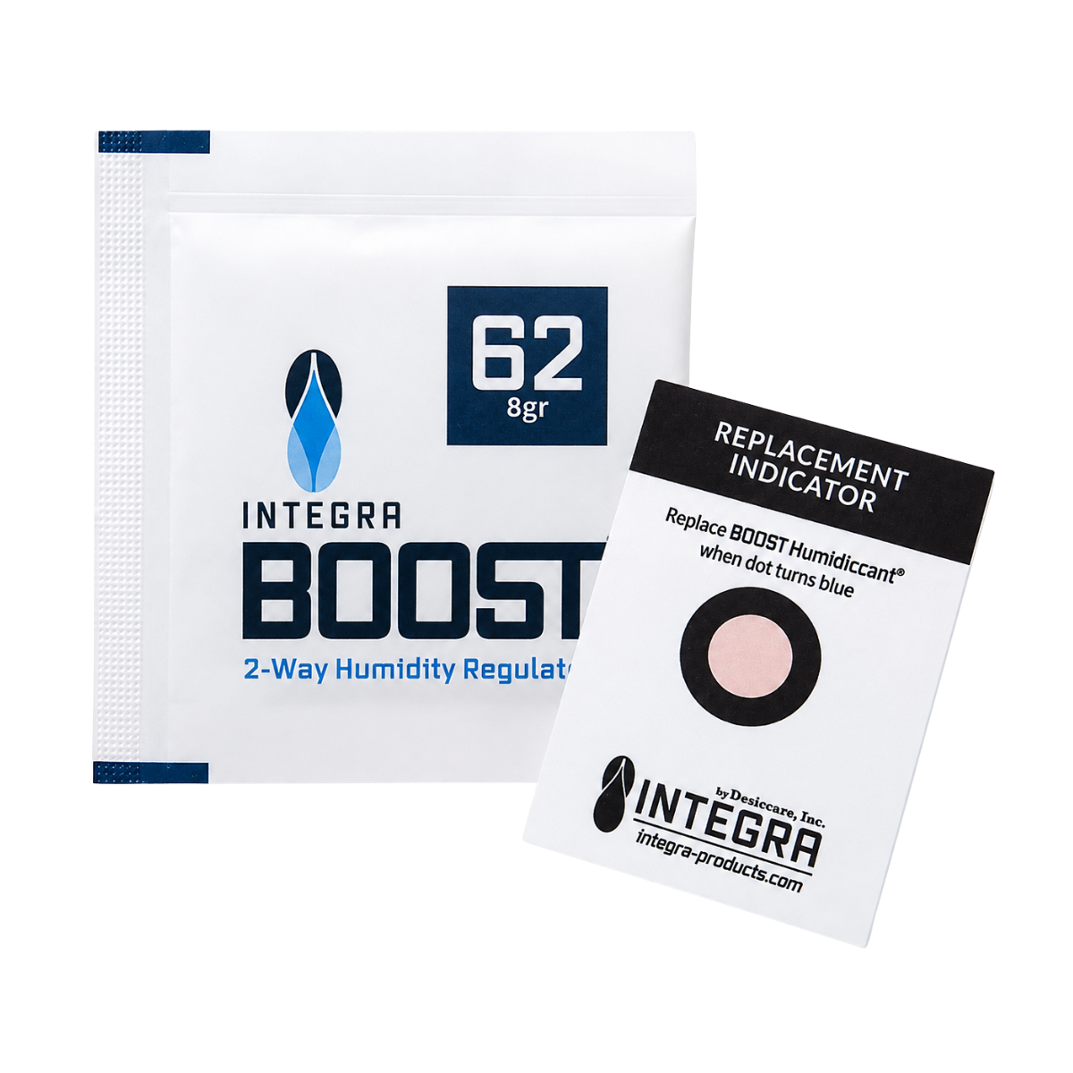 Integra Boost 62% RH 8g humidity control pack with Replacement Indicator Card on a clean white background.