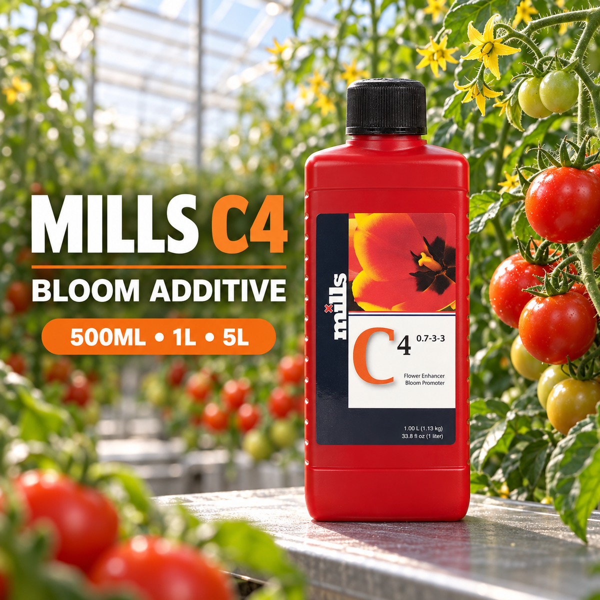General advertisement for Mills C4 showing the red 1L bottle in a flowering tomato greenhouse with 500mL, 1L and 5L options.