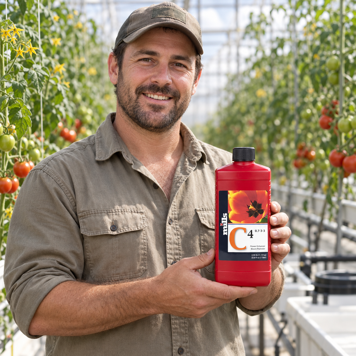 Adult Australian tomato greenhouse grower presenting a closed red 1L bottle of Mills C4.