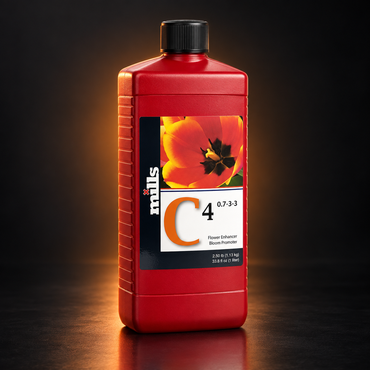 Premium three-quarter 3D render of the red Mills C4 1L bottle with black cap and orange flower label on a dark studio background.