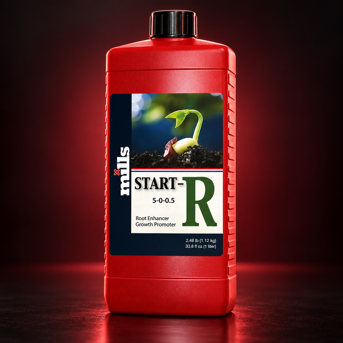 Premium three-quarter render of the red Mills Start-R 1L bottle with black cap and seedling label on a dark red studio background.