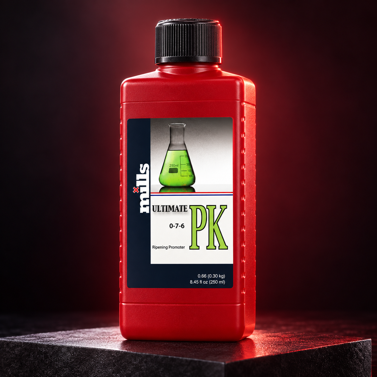 Premium three-quarter render of the red Mills Ultimate PK 250mL bottle with black cap and green flask label on a dark red studio background.