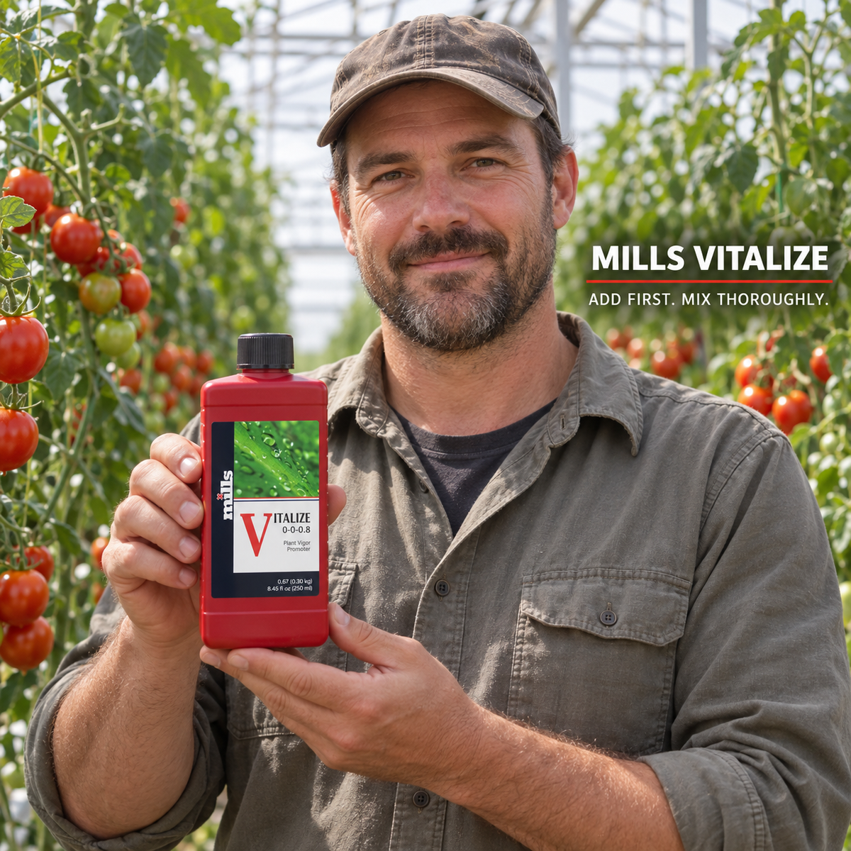 Adult Australian tomato greenhouse grower presenting a closed red 250mL bottle of Mills Vitalize.