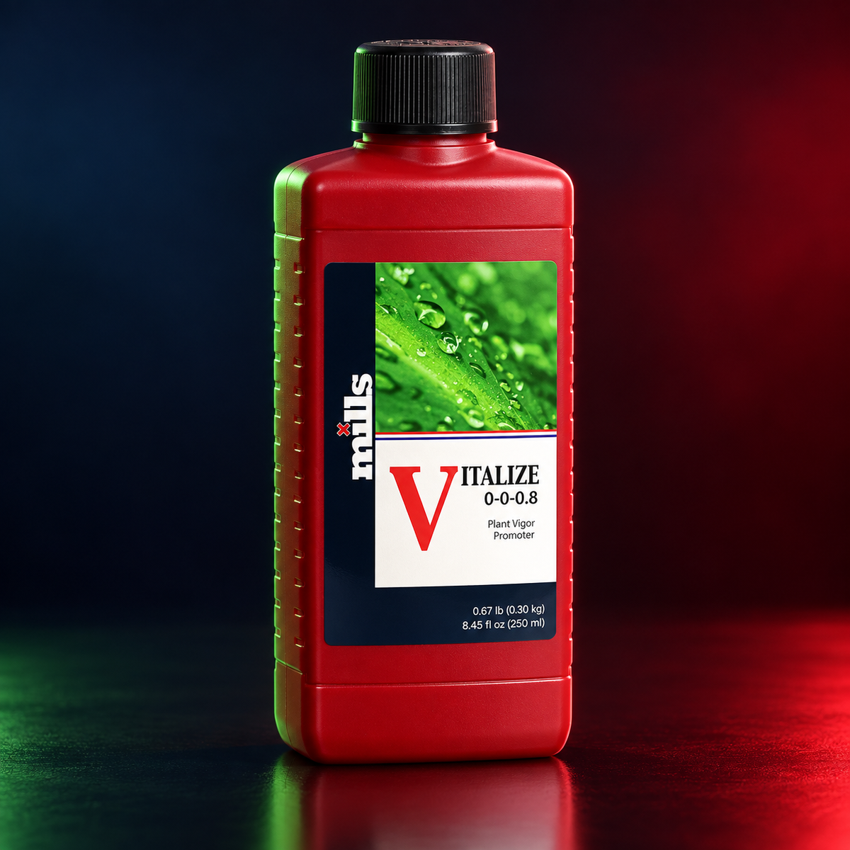 Premium three-quarter render of the red Mills Vitalize 250mL bottle with black cap and green leaf label on a dark studio background.
