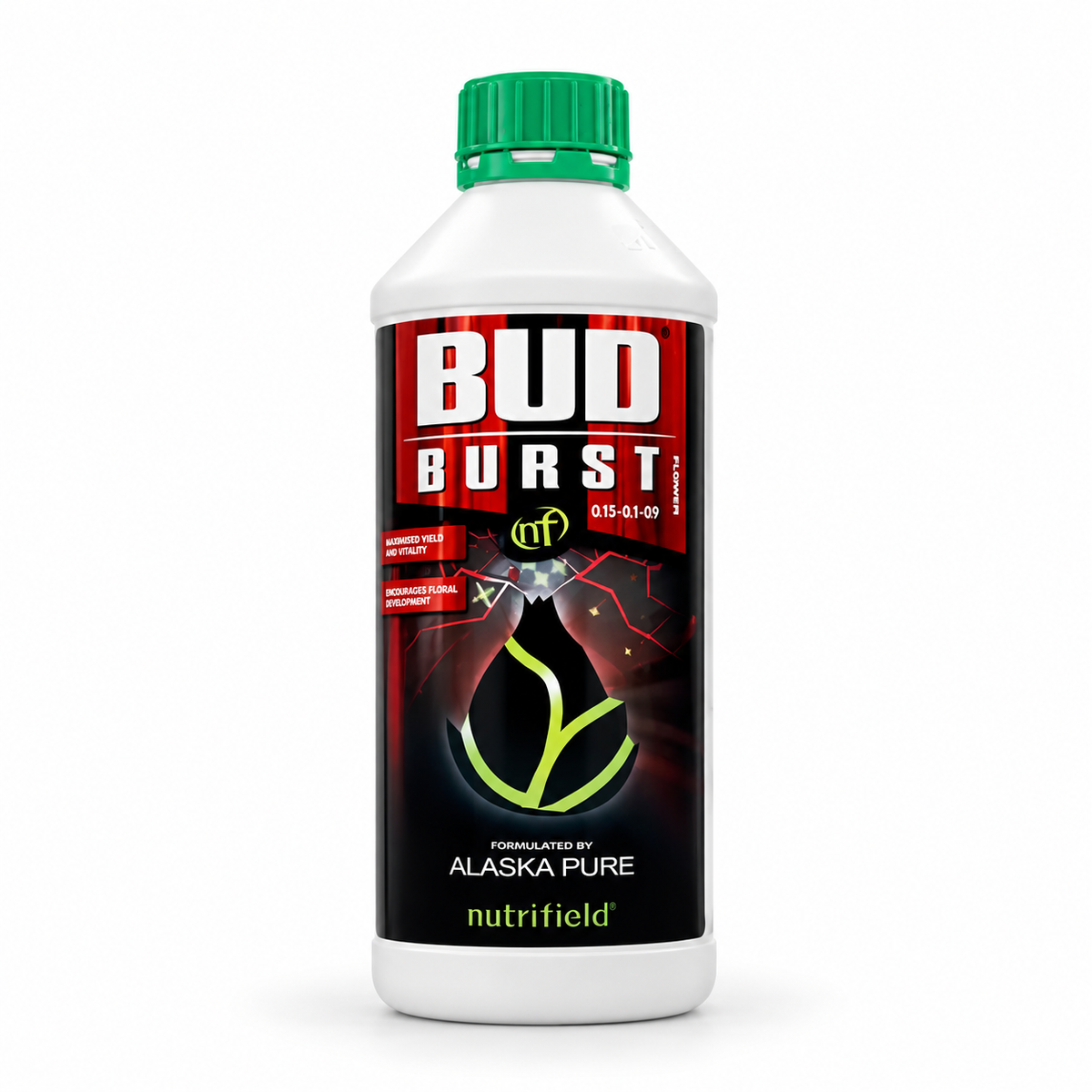 AI-created clean product render of the Nutrifield Bud Burst 1L white bottle with green cap on a white background.