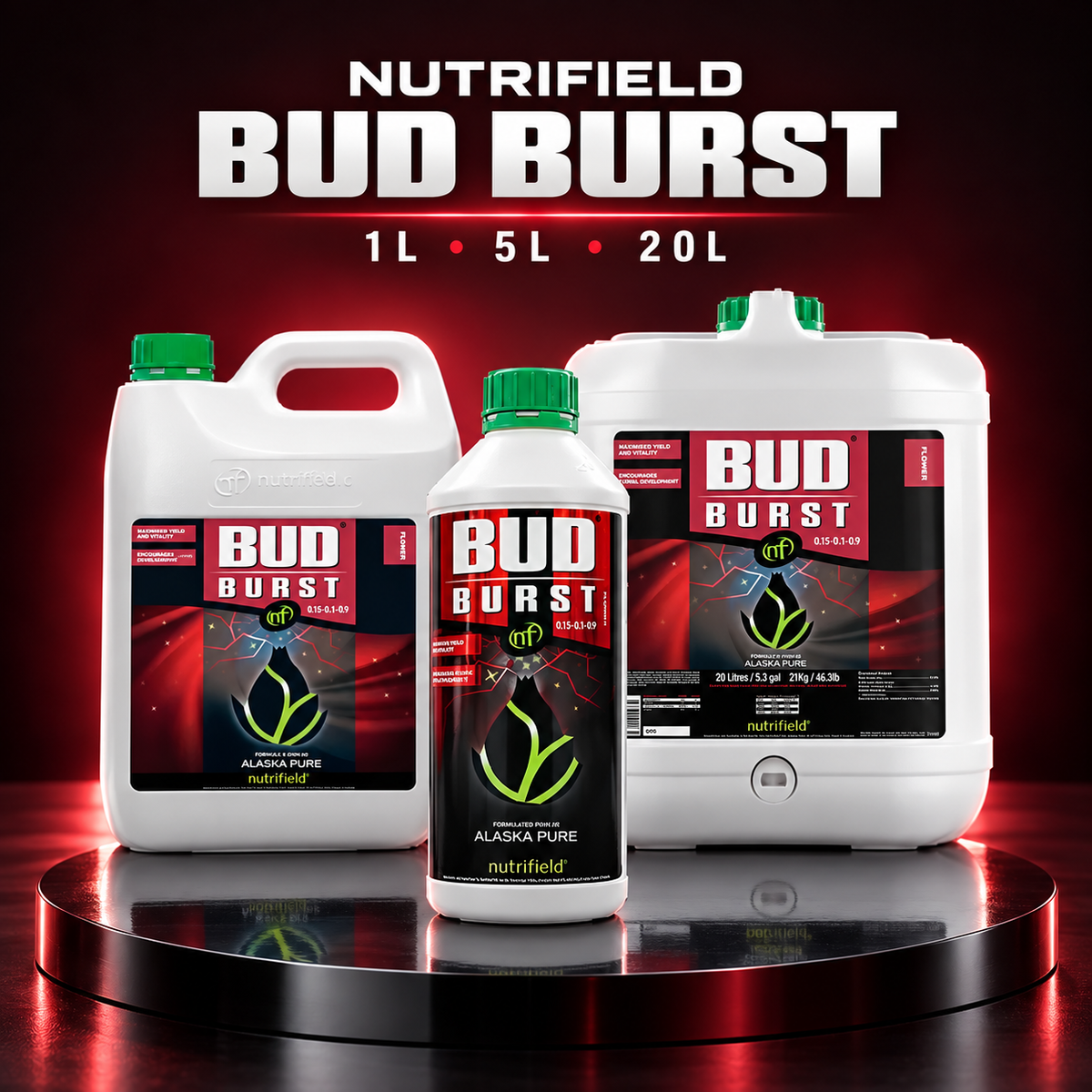 Premium studio render of Nutrifield Bud Burst 1L, 5L and 20L containers with white packaging and red-black labels.