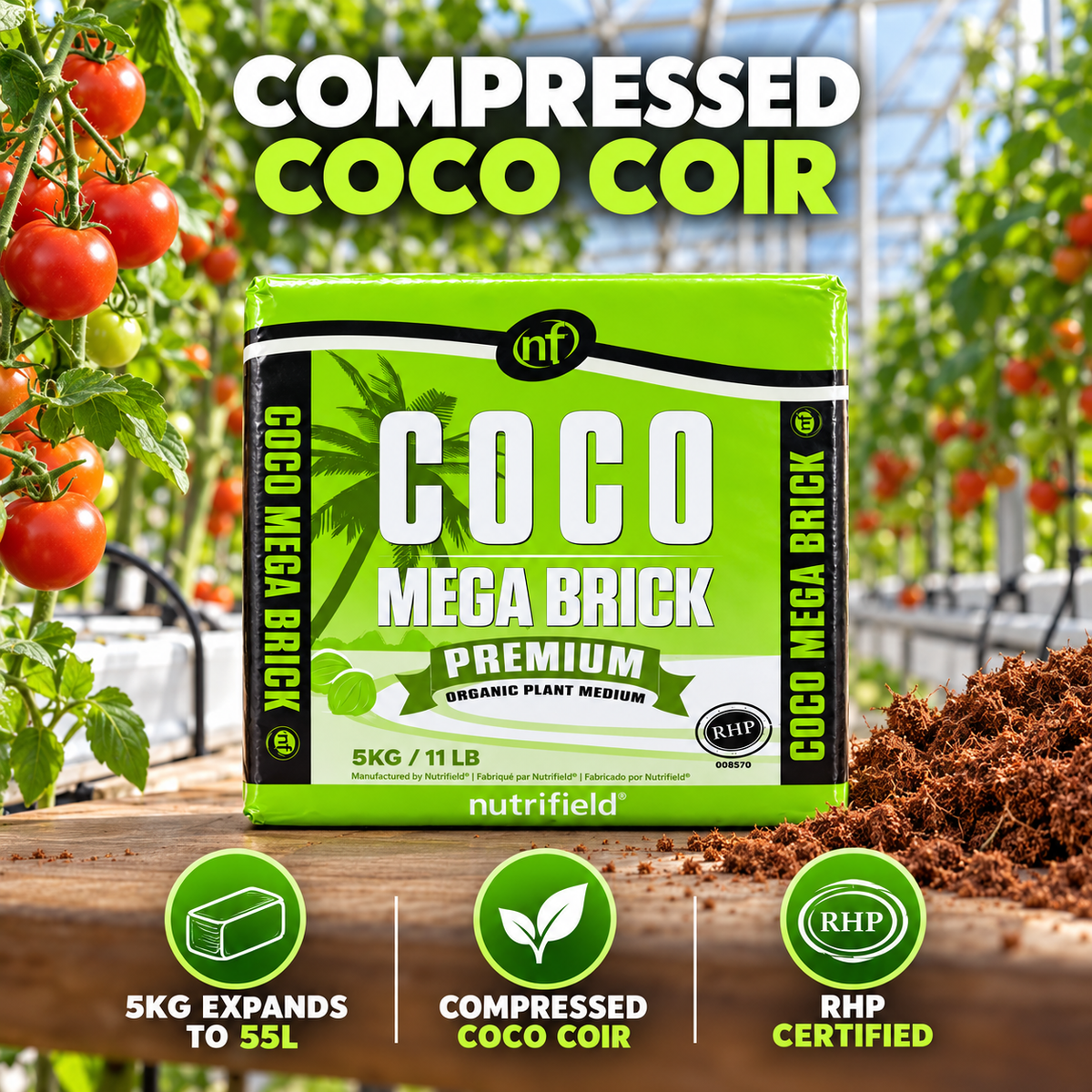 AI-created Nutrifield Coco Brick Mega 5KG advertisement in a tomato greenhouse highlighting compressed coco coir, 55L expansion and RHP certification.