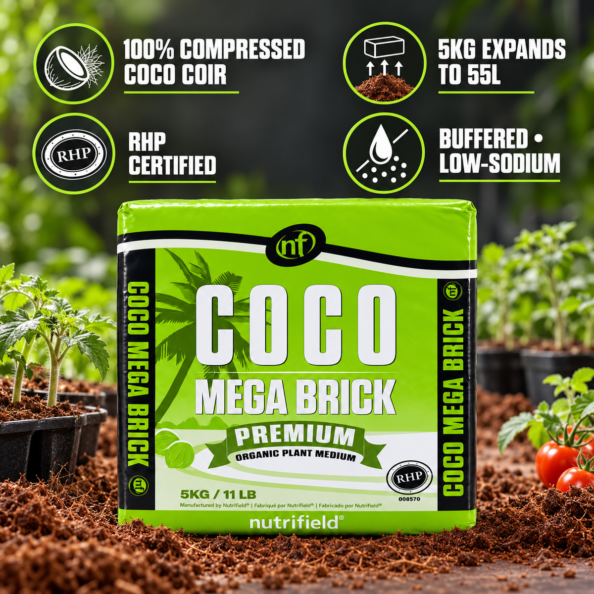 AI-created Nutrifield Coco Brick Mega 5KG benefits graphic highlighting compressed coir, 55L expansion, RHP certification and buffered low-sodium preparation.
