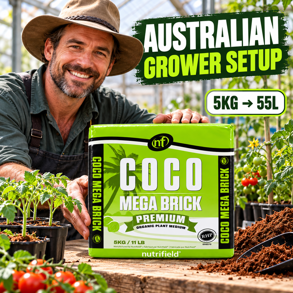 AI-created adult Australian greenhouse grower presenting the Nutrifield Coco Brick Mega 5KG beside tomato plants.