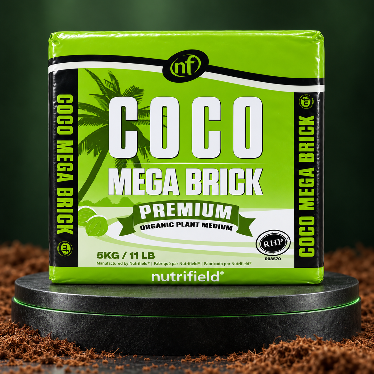 AI-created premium three-dimensional studio render of the Nutrifield Coco Brick Mega 5KG compressed coir block.