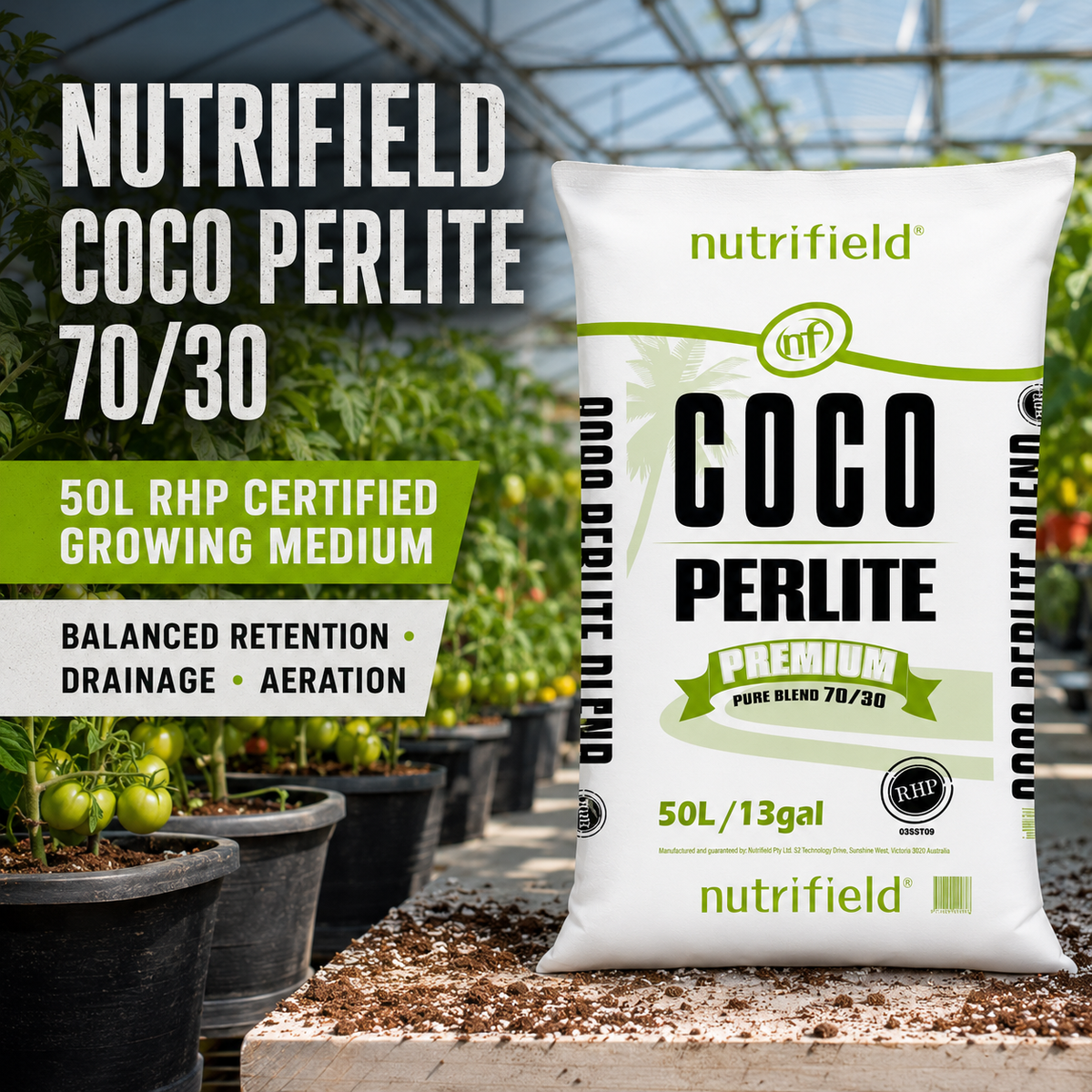 General product advertisement for Nutrifield Coco Perlite 70/30 50L with tomato plants and balanced retention, drainage and aeration features.
