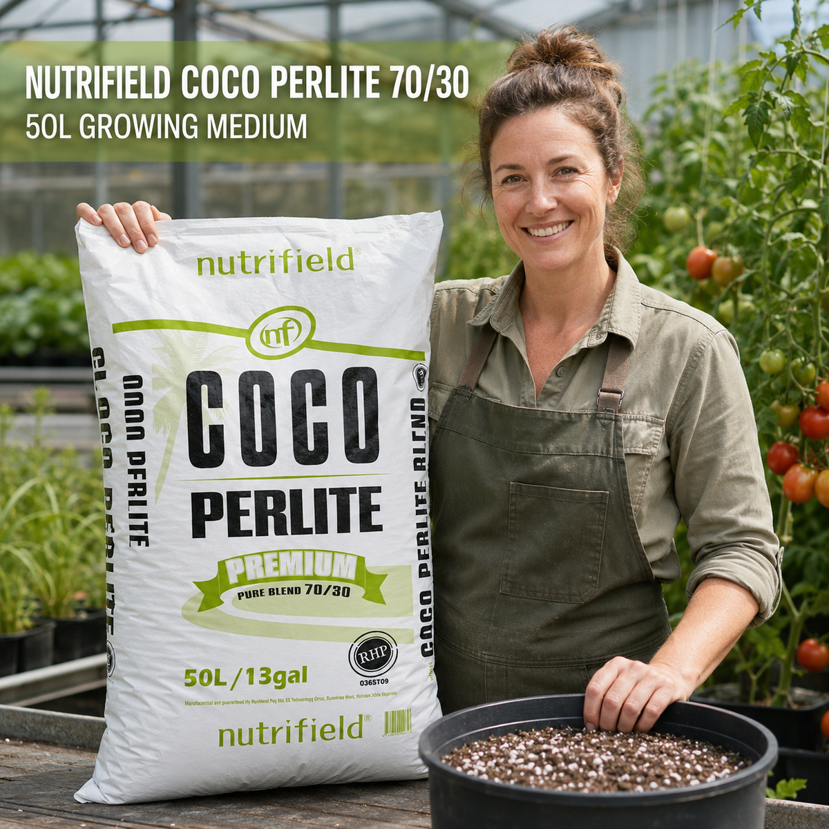 Adult Australian greenhouse grower presenting a Nutrifield Coco Perlite 70/30 50L bag beside a tomato plant container.