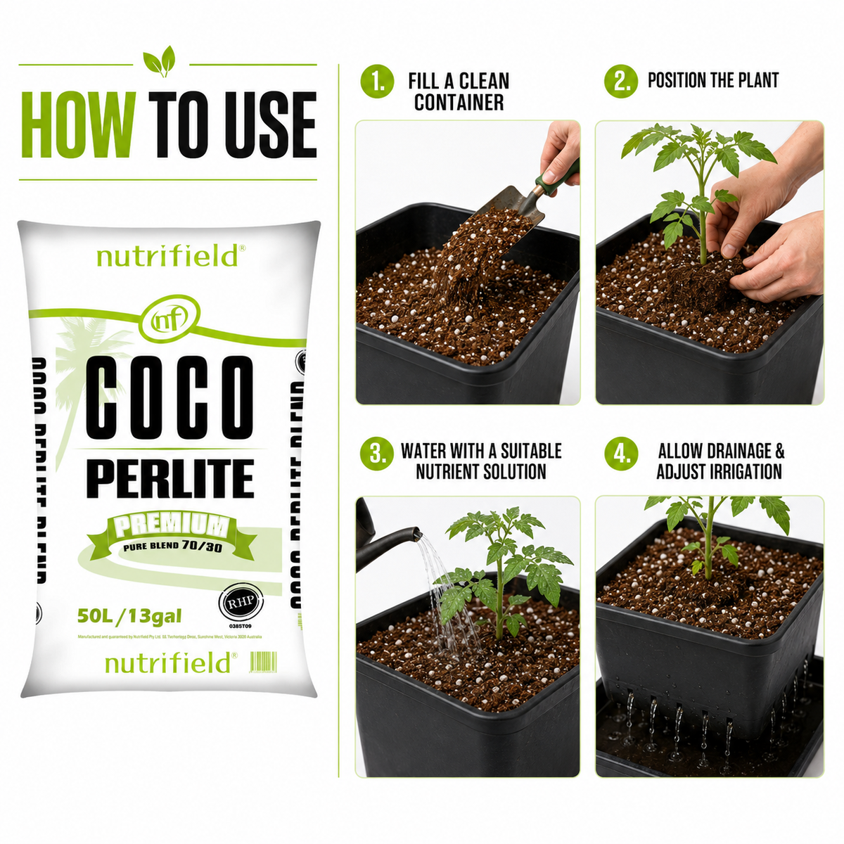 Four-step guide for Nutrifield Coco Perlite 70/30 50L: fill a container, position the plant, water and allow drainage.