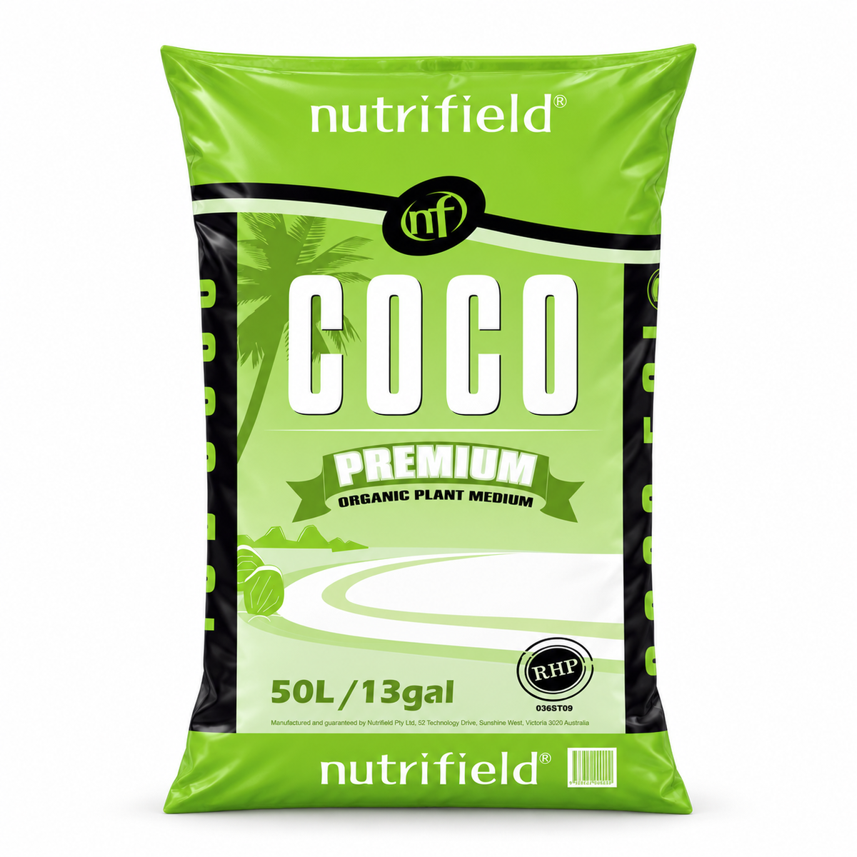 AI-created clean product render of the green Nutrifield Coco Premium 50L RHP certified bag on a white studio background.