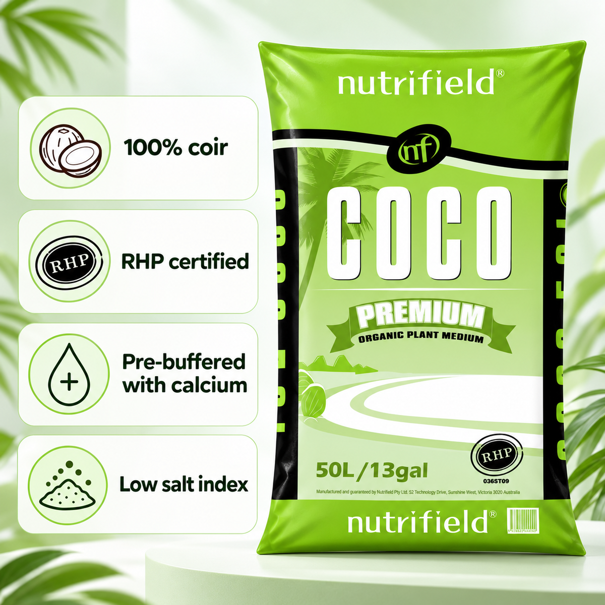 AI-created benefits graphic for Nutrifield Coco Premium 50L highlighting 100% coir, RHP certification, calcium buffering and low salt index.
