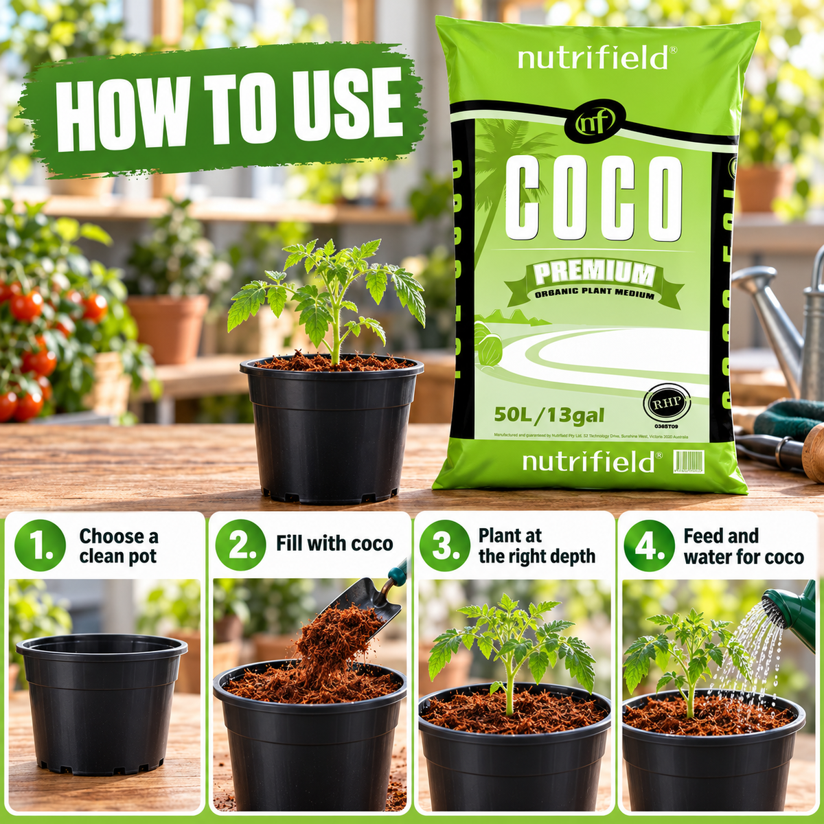 AI-created four-step guide to using Nutrifield Coco Premium 50L: choose a pot, fill with coco, plant and feed and water for coco.