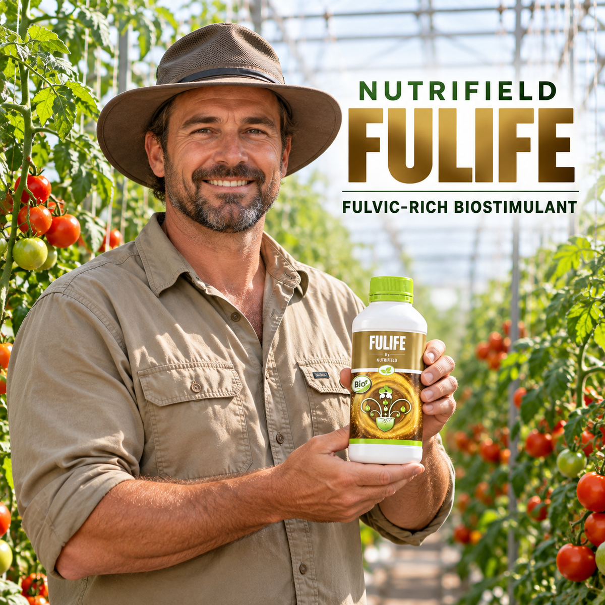 Adult Australian tomato greenhouse grower presenting a closed 1L bottle of Nutrifield Fulife.
