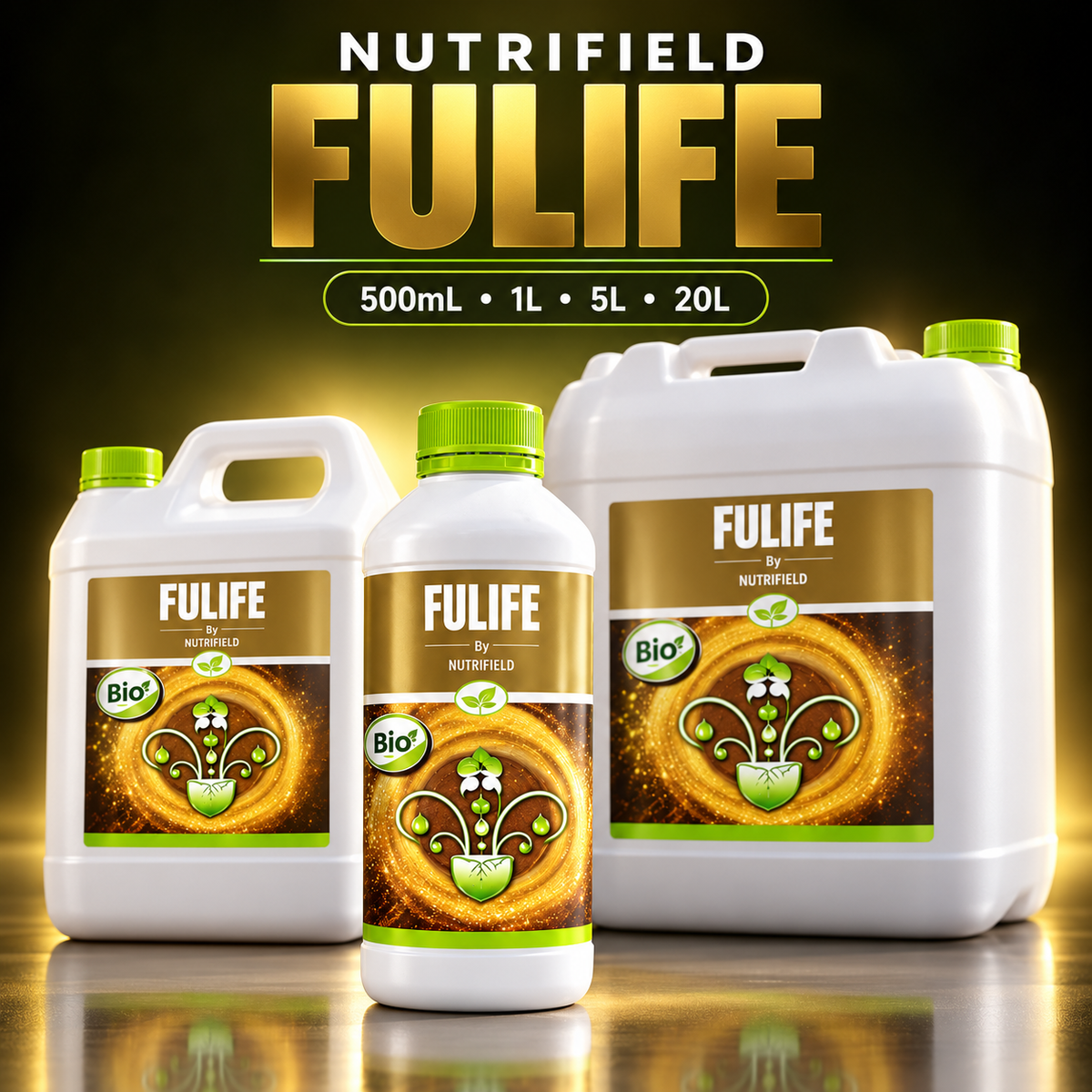 Premium studio render of Nutrifield Fulife 1L, 5L and 20L white containers with lime-green caps and gold-brown labels.