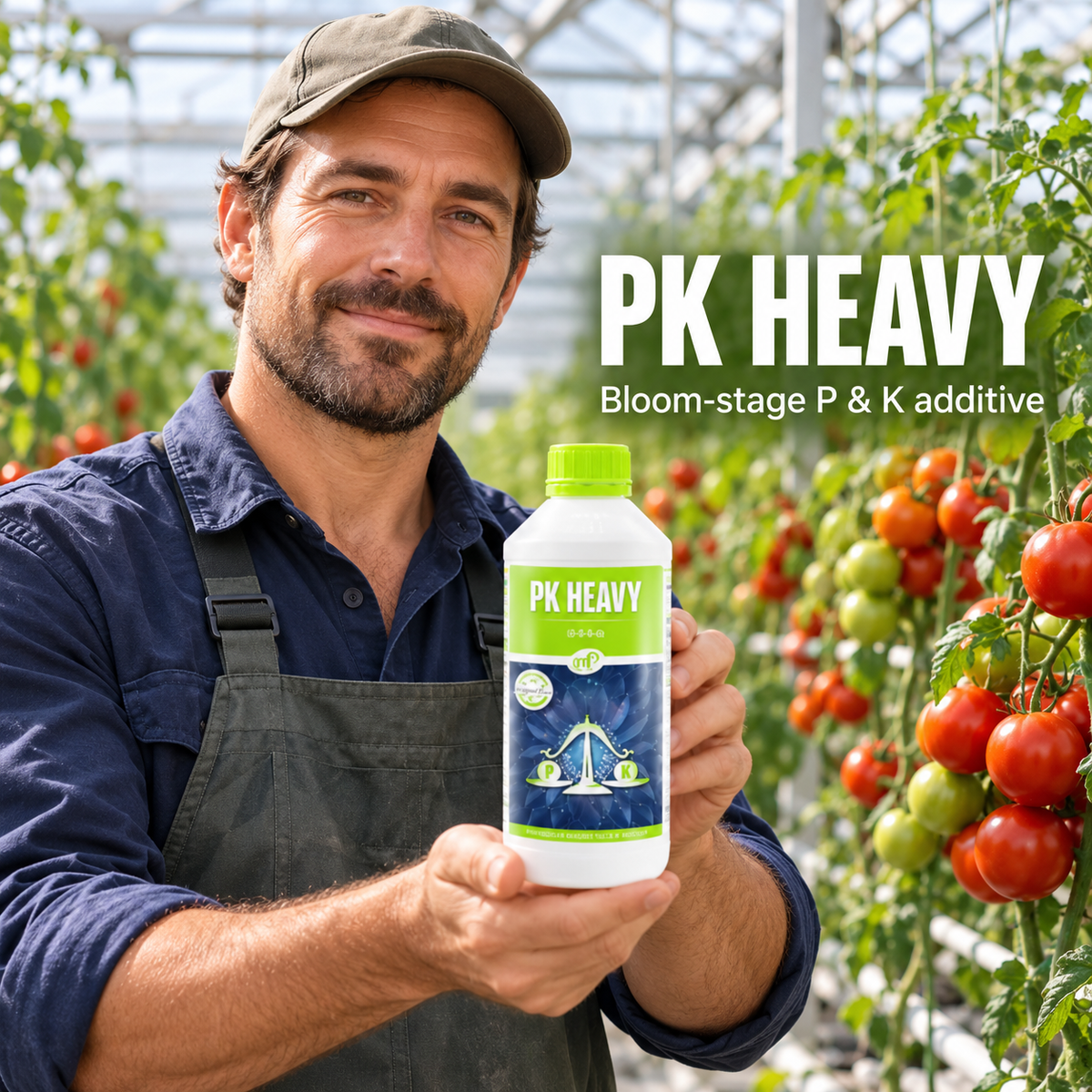Adult Australian tomato greenhouse grower presenting a closed 1L bottle of Nutrifield PK Heavy.