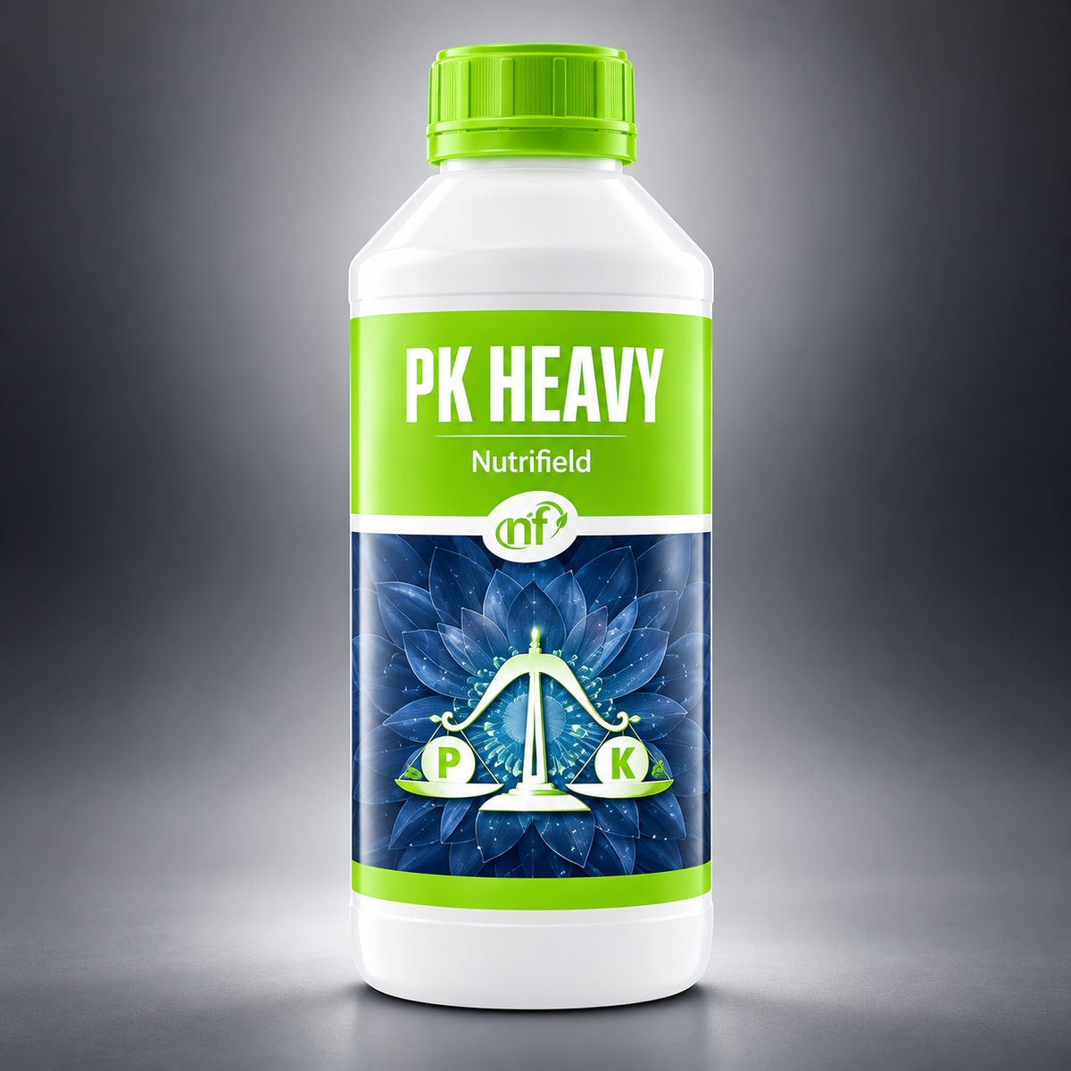 Premium studio render of the closed white Nutrifield PK Heavy 1L bottle with lime-green cap and navy label.