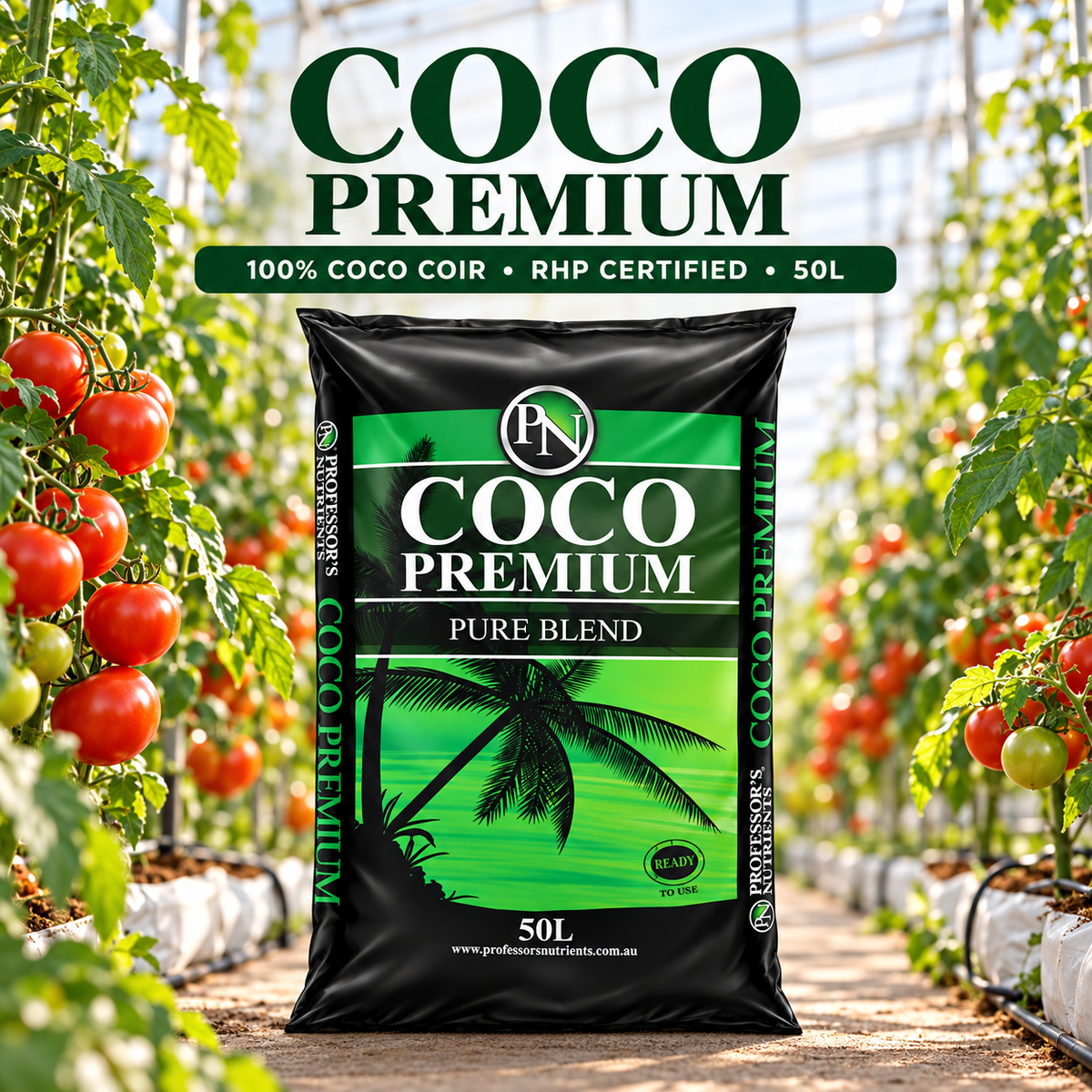 AI-created advertisement showing the Professor's Nutrients Coco Premium 50L bag in a tomato greenhouse.
