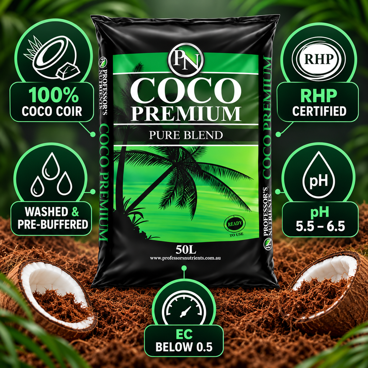 AI-created infographic highlighting the verified features of Professor's Nutrients Coco Premium 50L.