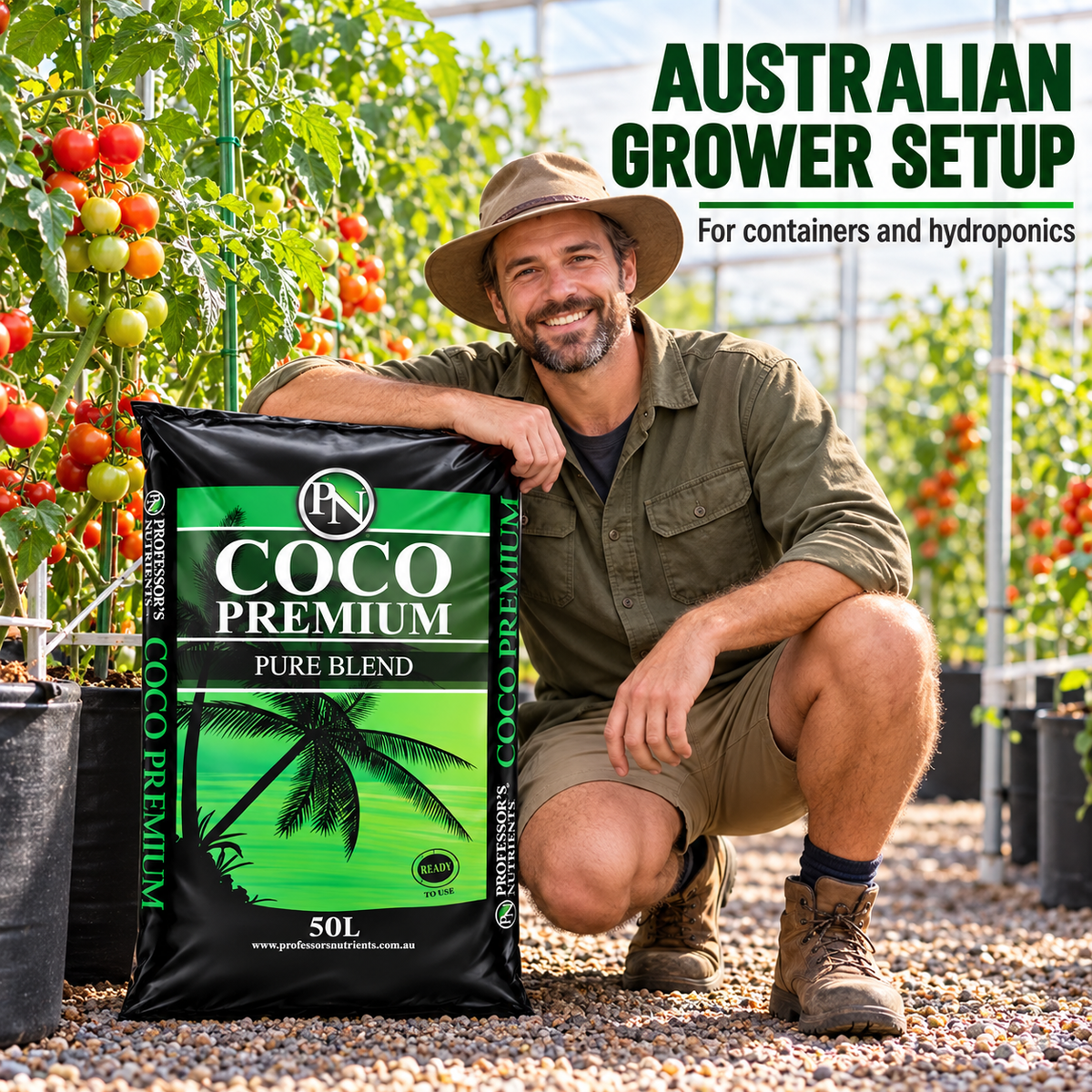 AI-created Australian grower scene with the Professor's Nutrients Coco Premium 50L bag and tomato plants.