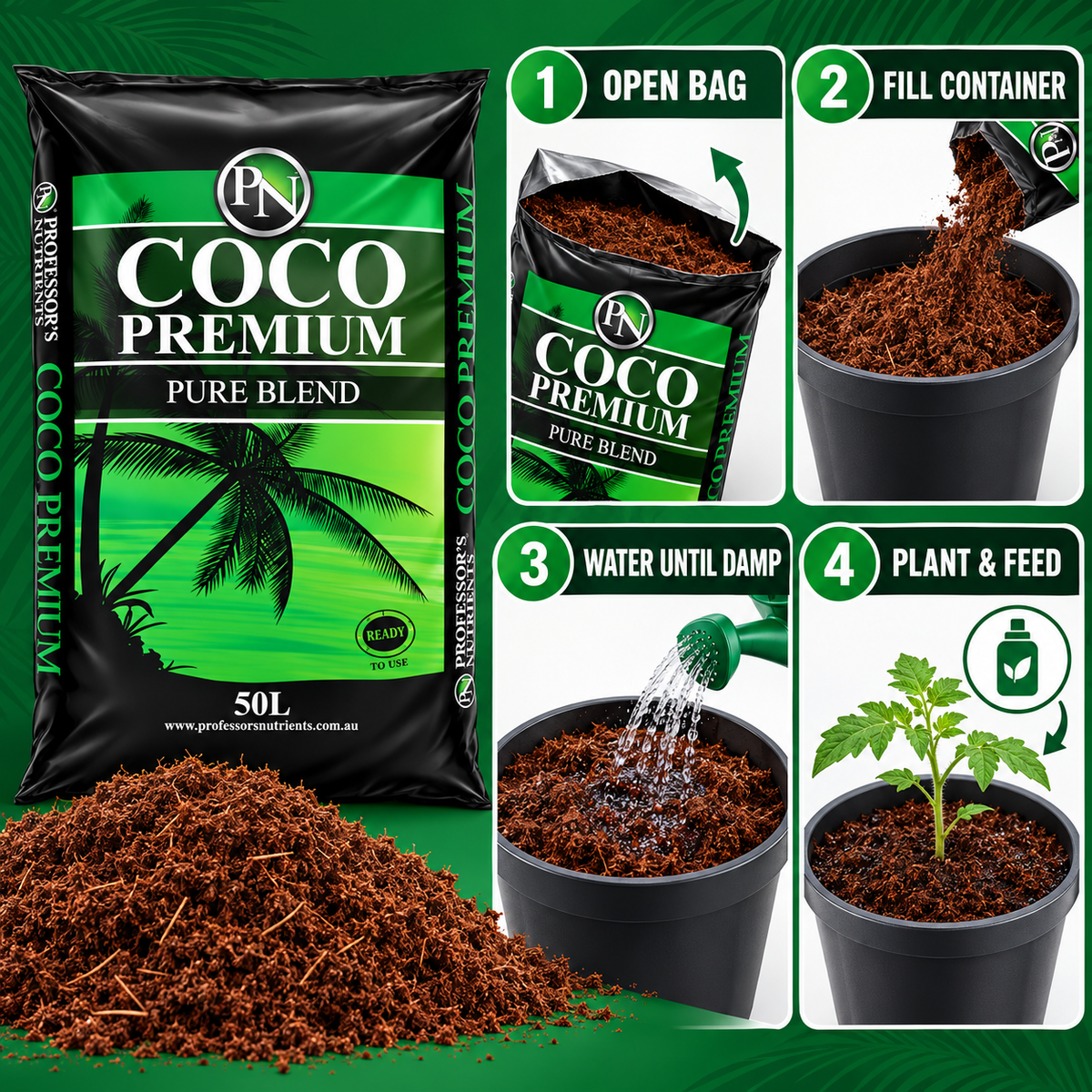AI-created four-step guide for opening, filling, watering and planting with Professor's Coco Premium 50L.