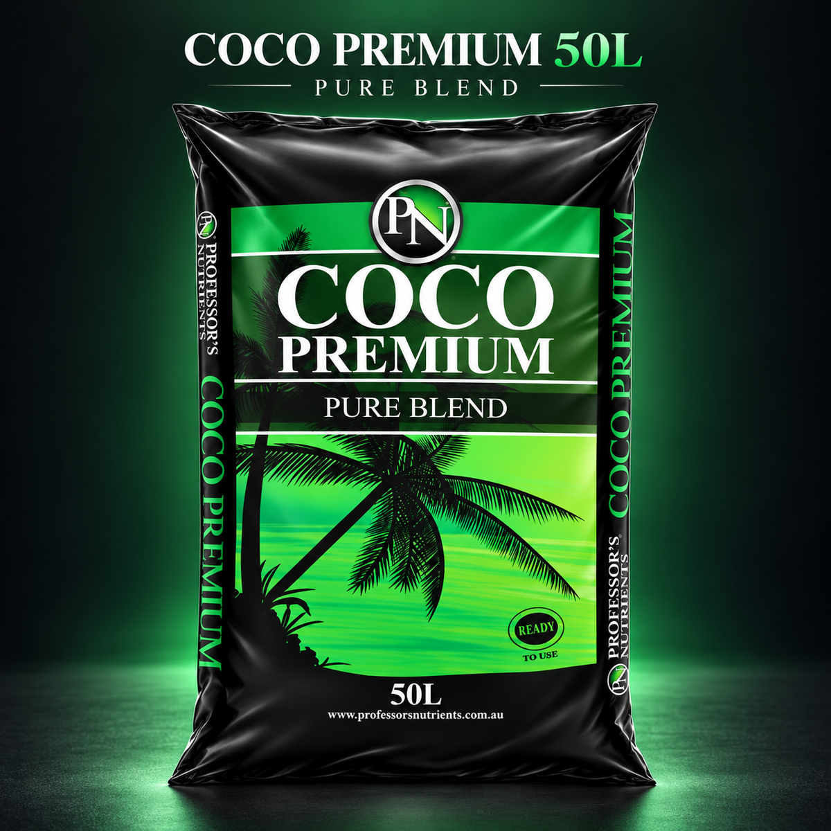 AI-created premium studio render of the Professor's Nutrients Coco Premium Pure Blend 50L bag.