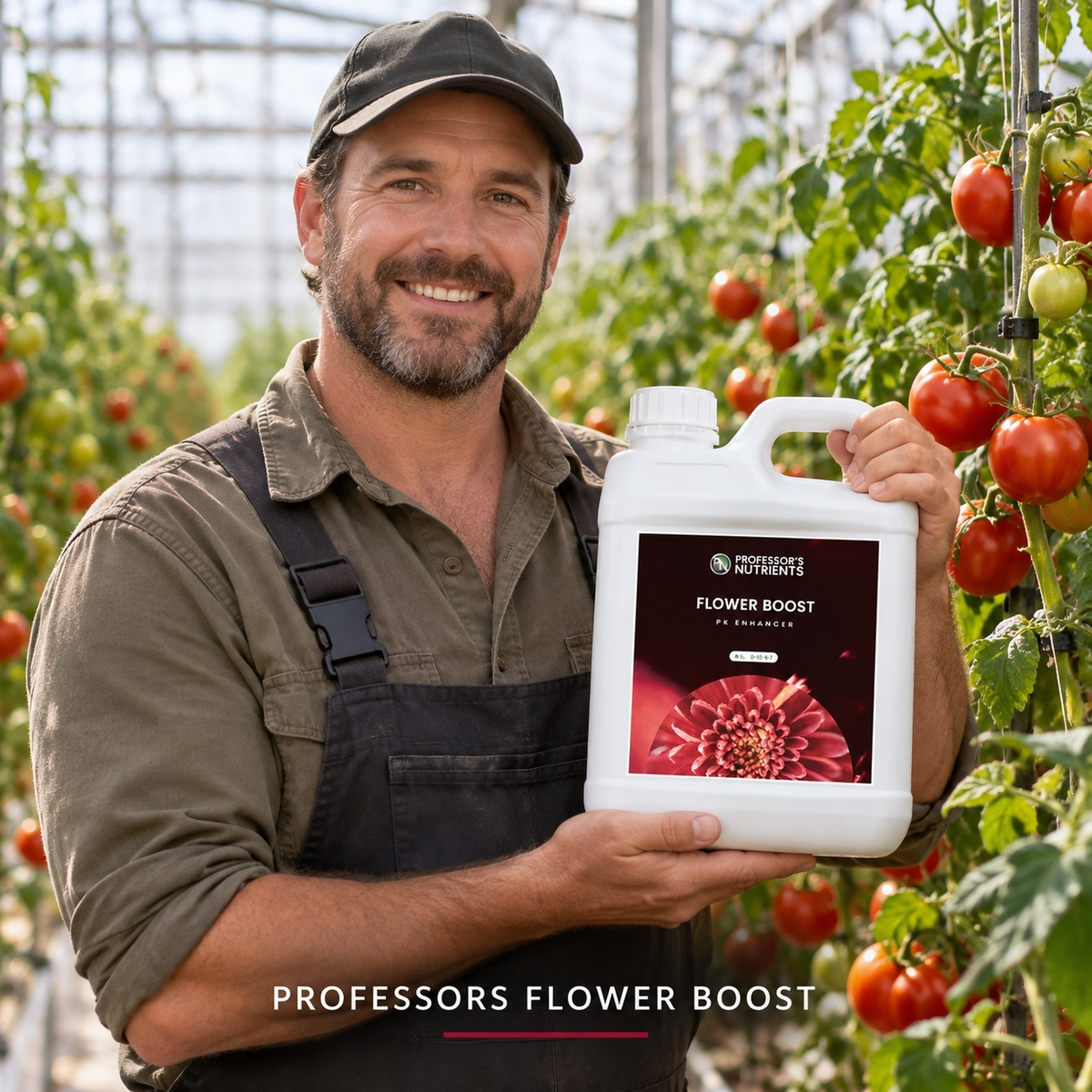 Adult Australian tomato greenhouse grower presenting a closed white 5L jug of PROFESSORS FLOWER BOOST.