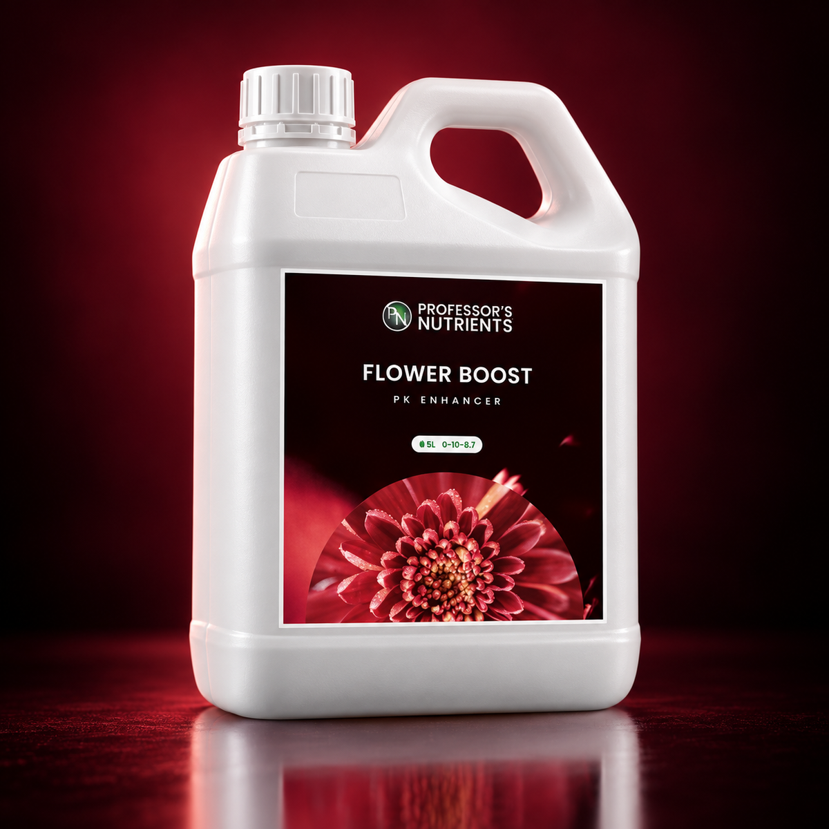 Premium studio render of the white PROFESSORS FLOWER BOOST 5L jug with black and deep-red PK Enhancer label and red flower artwork.