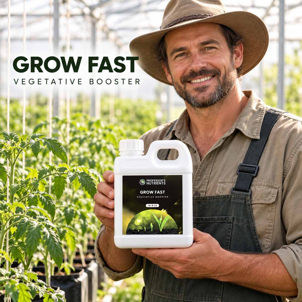 Adult Australian tomato greenhouse grower presenting a closed white 1L bottle of PROFESSORS GROW FAST - VEG BOOSTER.
