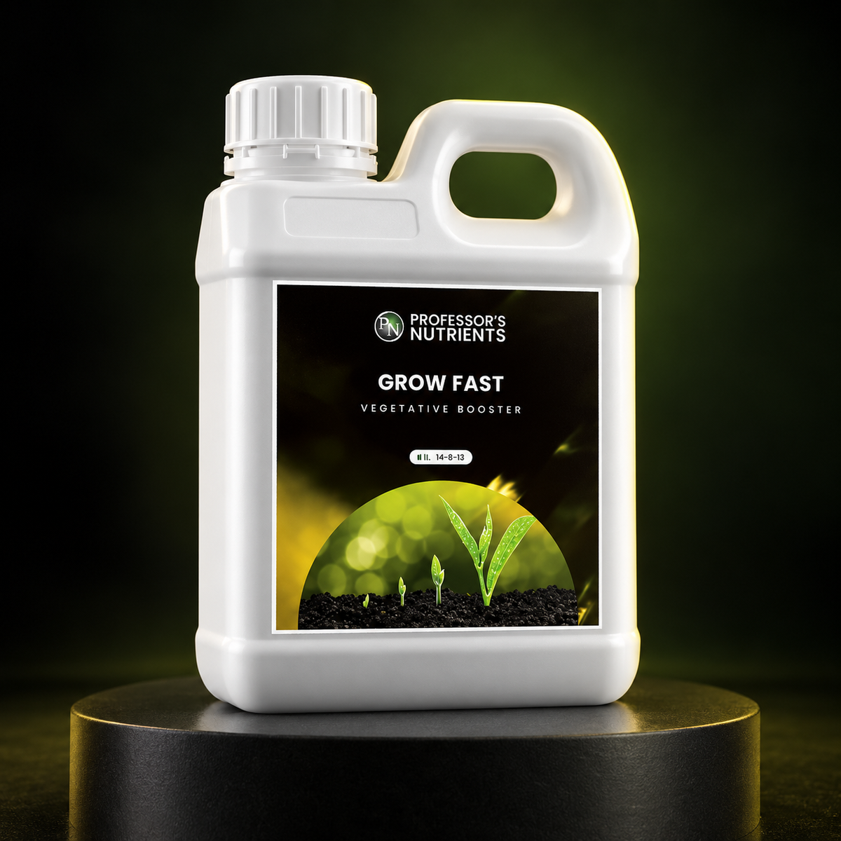 Premium studio render of the white PROFESSORS GROW FAST 1L handled bottle with black 14-8-13 vegetative-booster label.