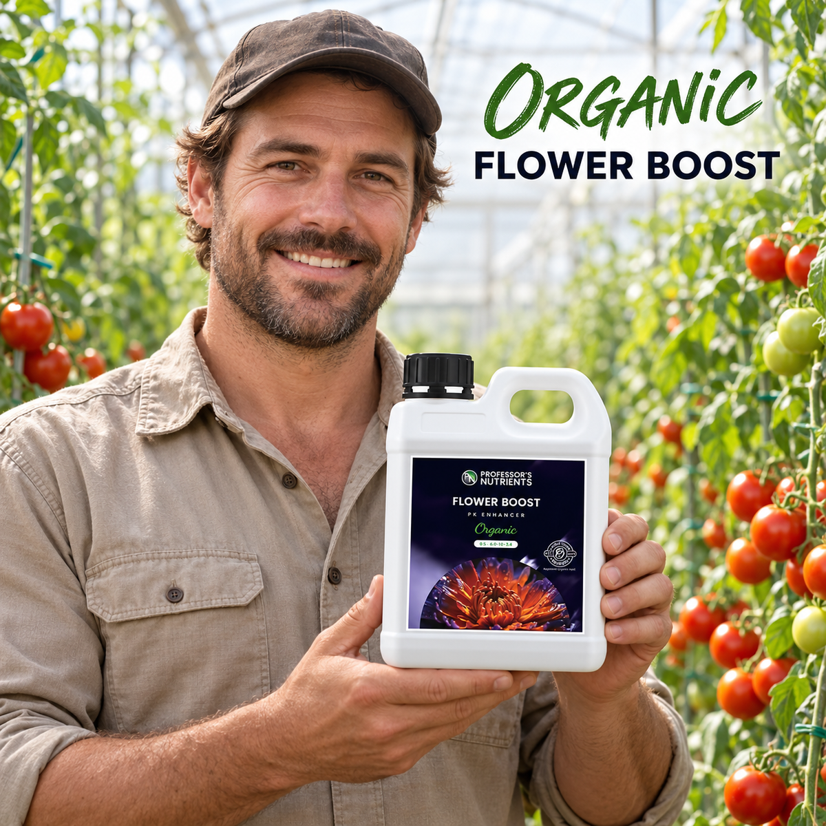 Adult Australian tomato greenhouse grower presenting a closed white 1L bottle of PROFESSORS ORGANIC FLOWER BOOST.