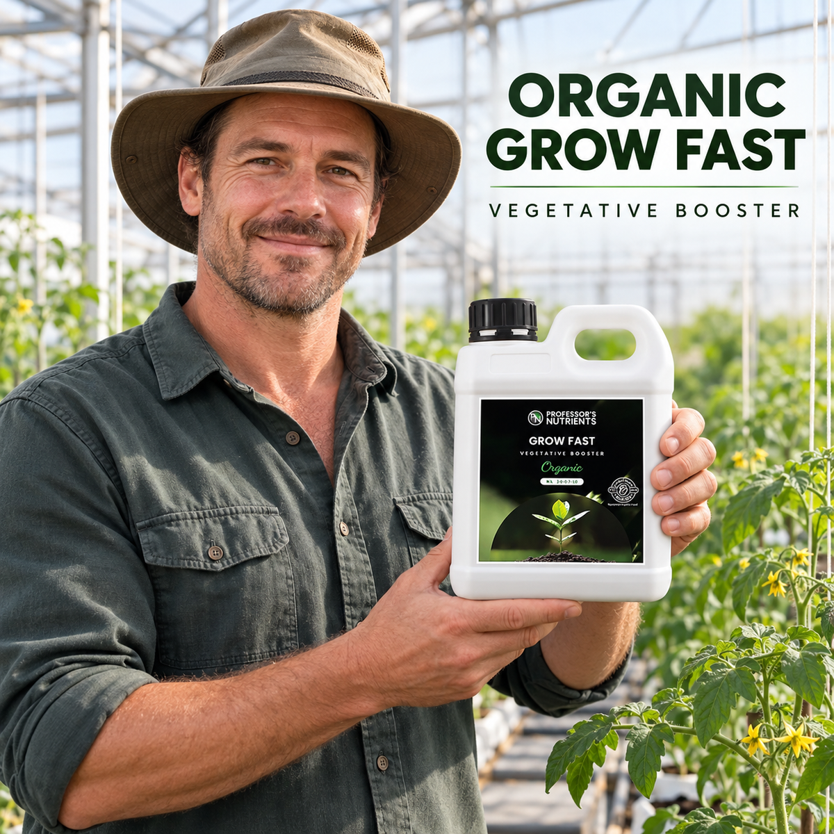 Adult Australian tomato greenhouse grower presenting a closed white 1L bottle of PROFESSORS ORGANIC GROW FAST.