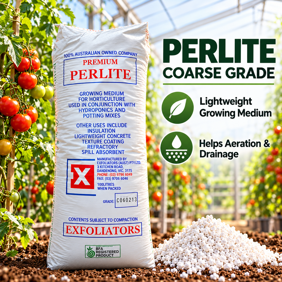 AI-created advertisement of Exfoliators Premium Perlite Coarse Grade 100L in a tomato greenhouse highlighting lightweight growing medium, aeration and drainage.