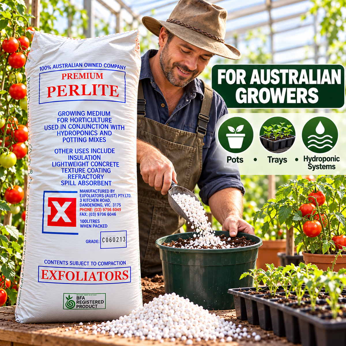 AI-created adult Australian greenhouse grower using Exfoliators Premium Perlite Coarse Grade beside tomato plants, pots and trays.