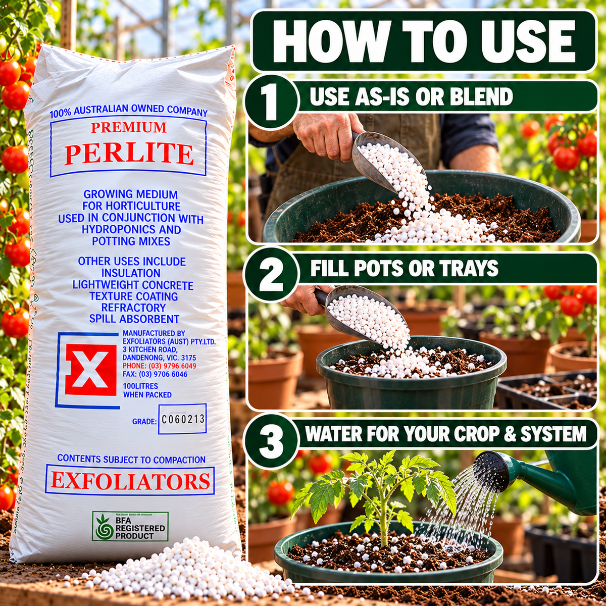 AI-created three-step guide showing how to blend Exfoliators Premium Perlite, fill a pot or tray and water for the crop and system.