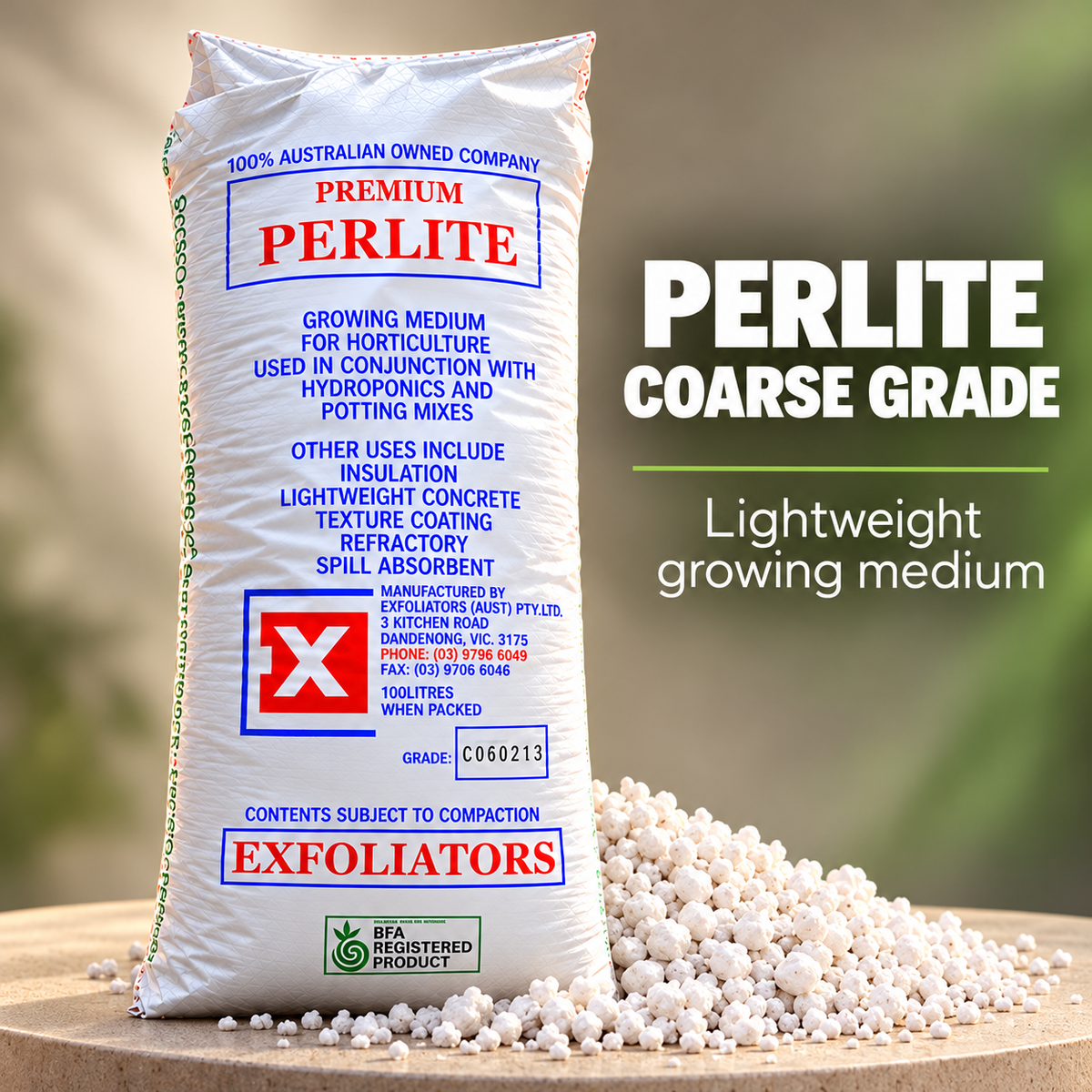 AI-created premium studio render of the Exfoliators Premium Perlite Coarse Grade 100L bag with white perlite granules.