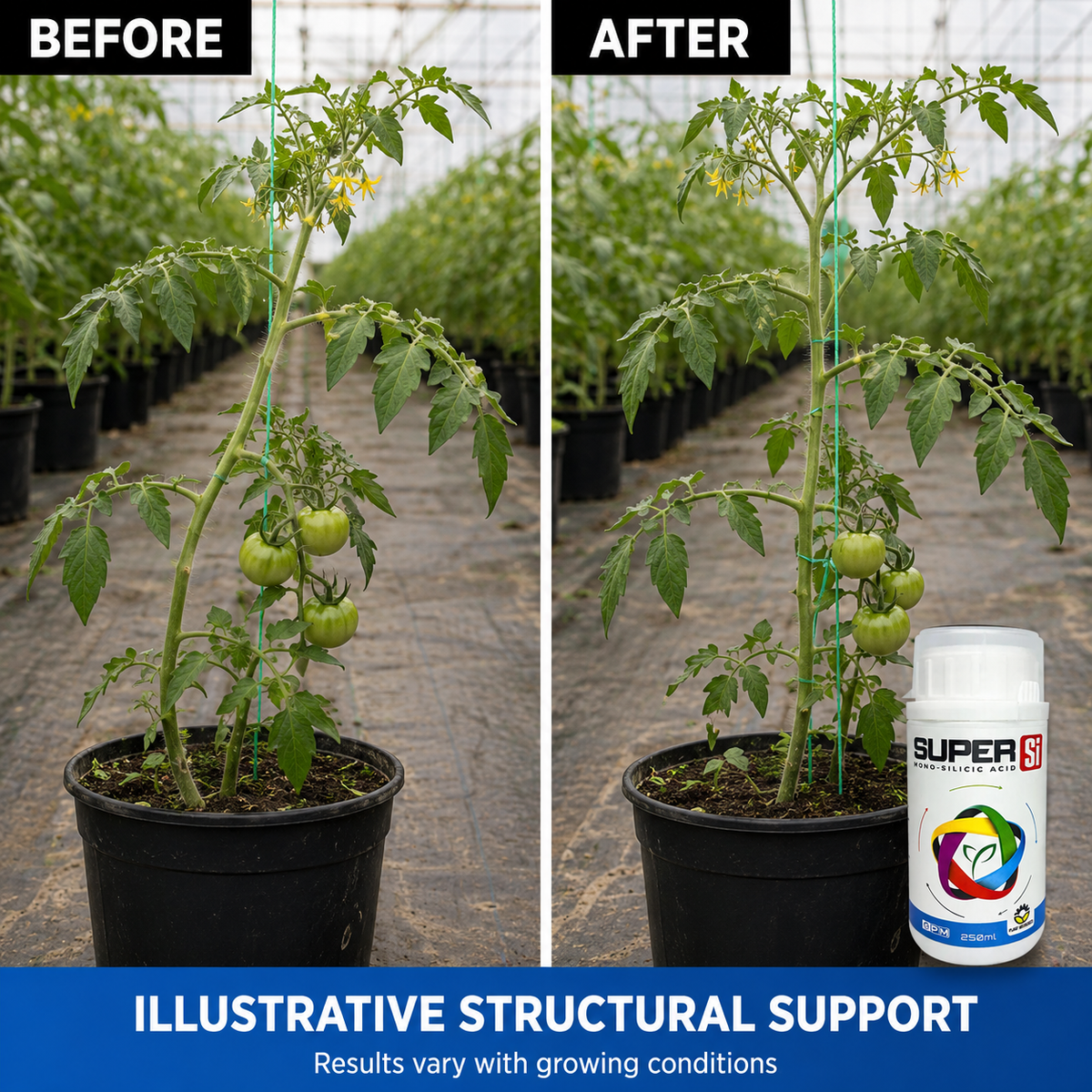 Illustrative before-and-after comparison of the same tomato plant structure without and with Plant Mechanics Super Si in the feeding program.