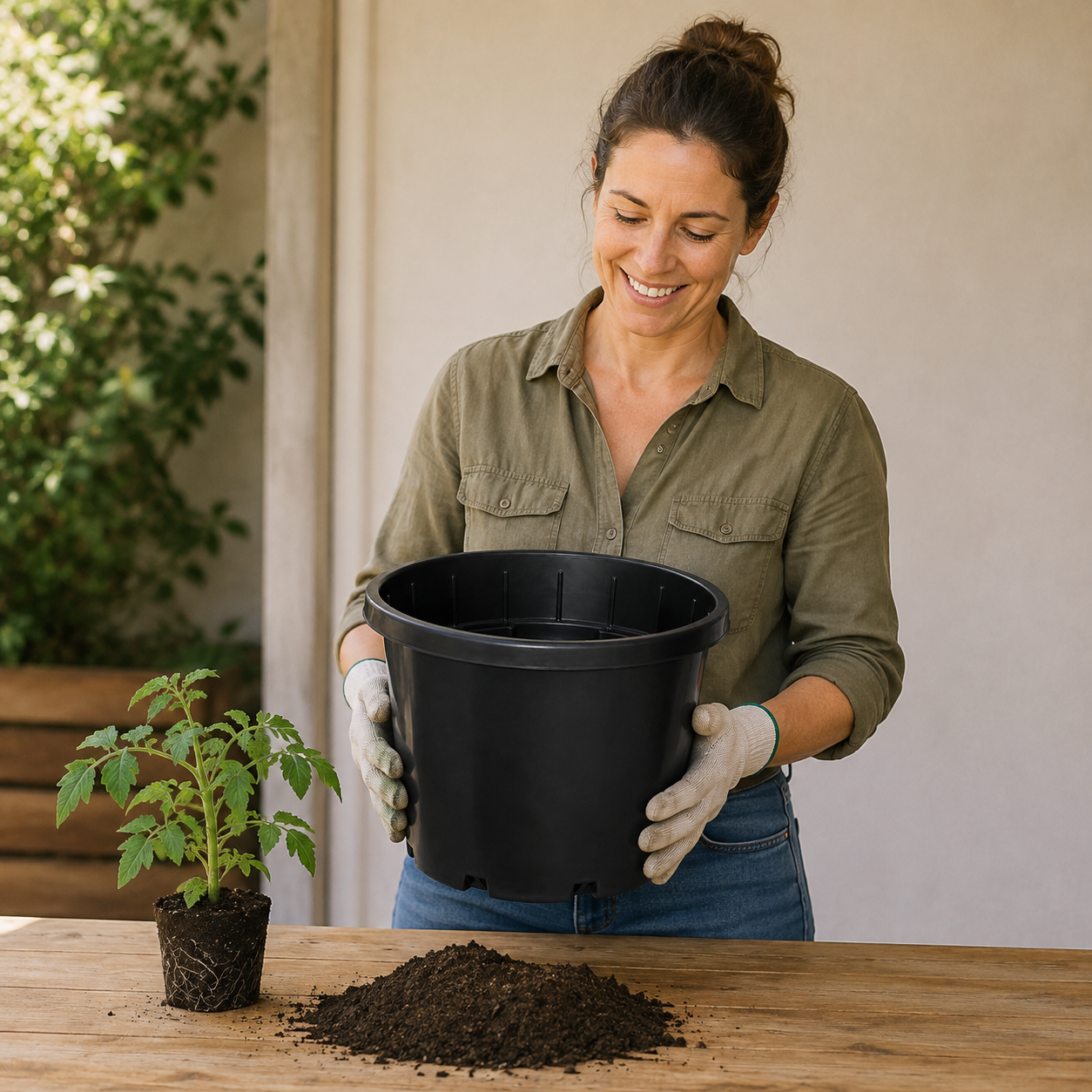 Adult Australian gardener holding the Pot Slimline Black 330mm - 18L beside a tomato seedling ready for planting.