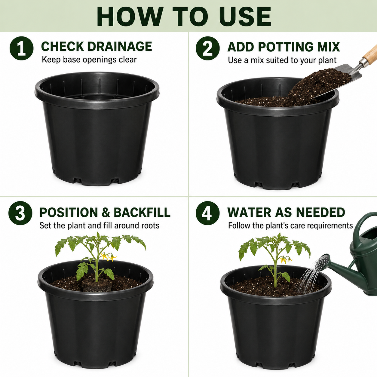 Four-step guide for Pot Slimline Black 330mm - 18L: check drainage, add potting mix, position the plant and water as needed.