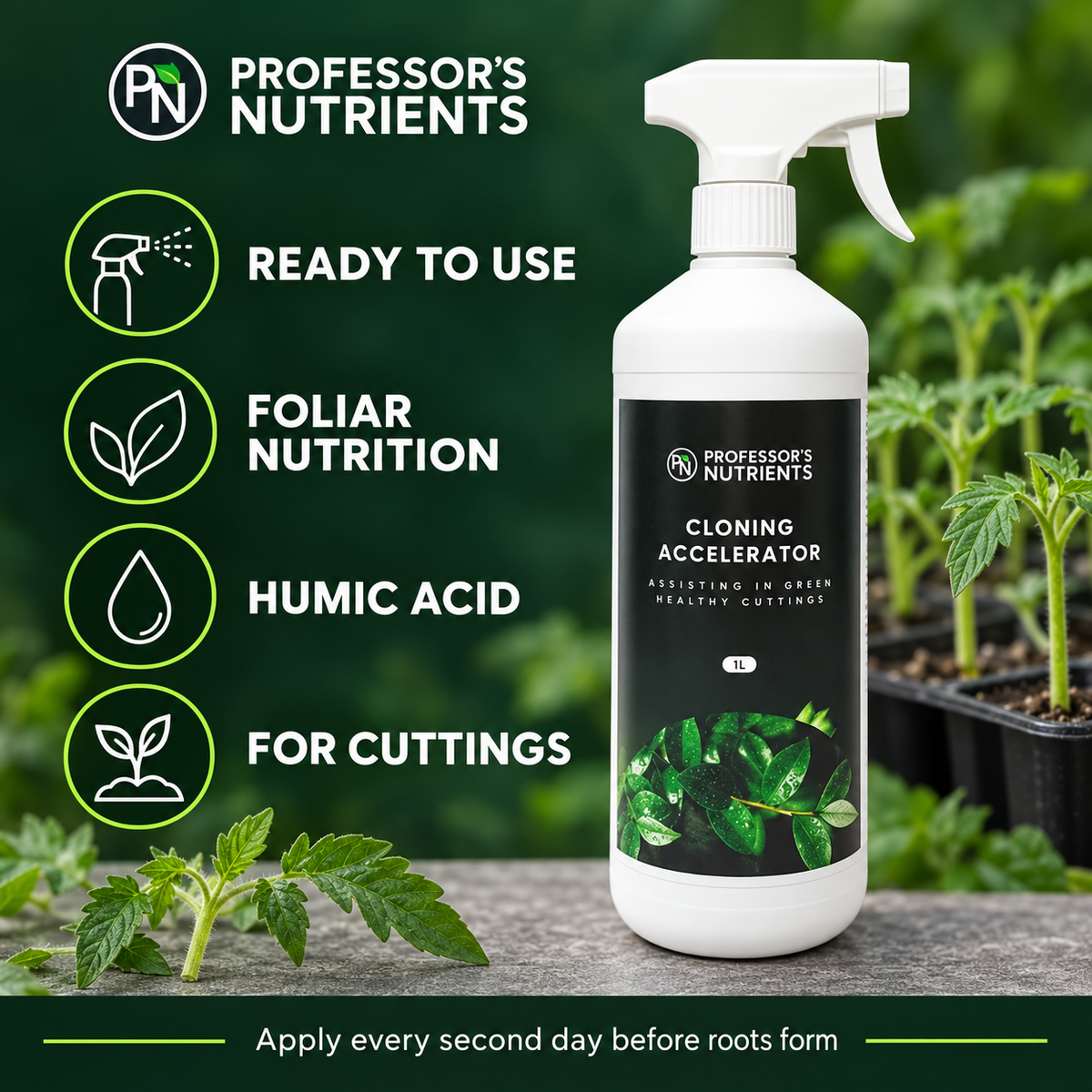 Professor's Nutrient Cloning Accelerator features infographic showing ready-to-use foliar nutrition, humic acid and use for cuttings.