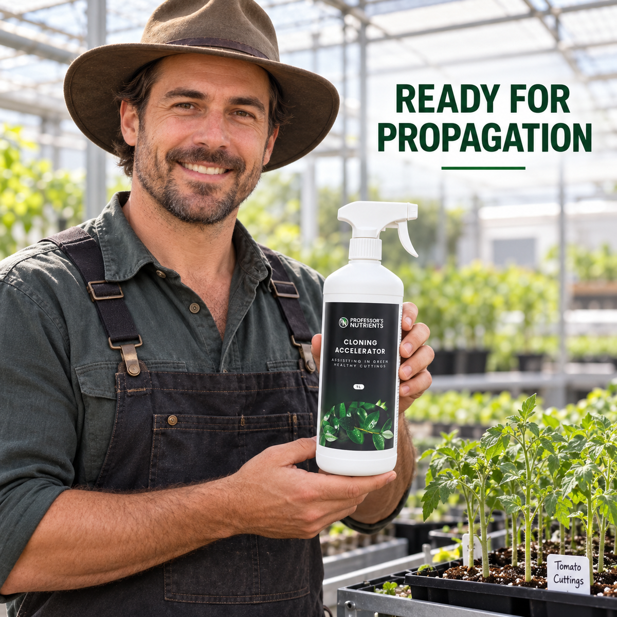 Adult Australian tomato greenhouse grower presenting a closed 1L trigger bottle of Professor's Nutrient Cloning Accelerator.