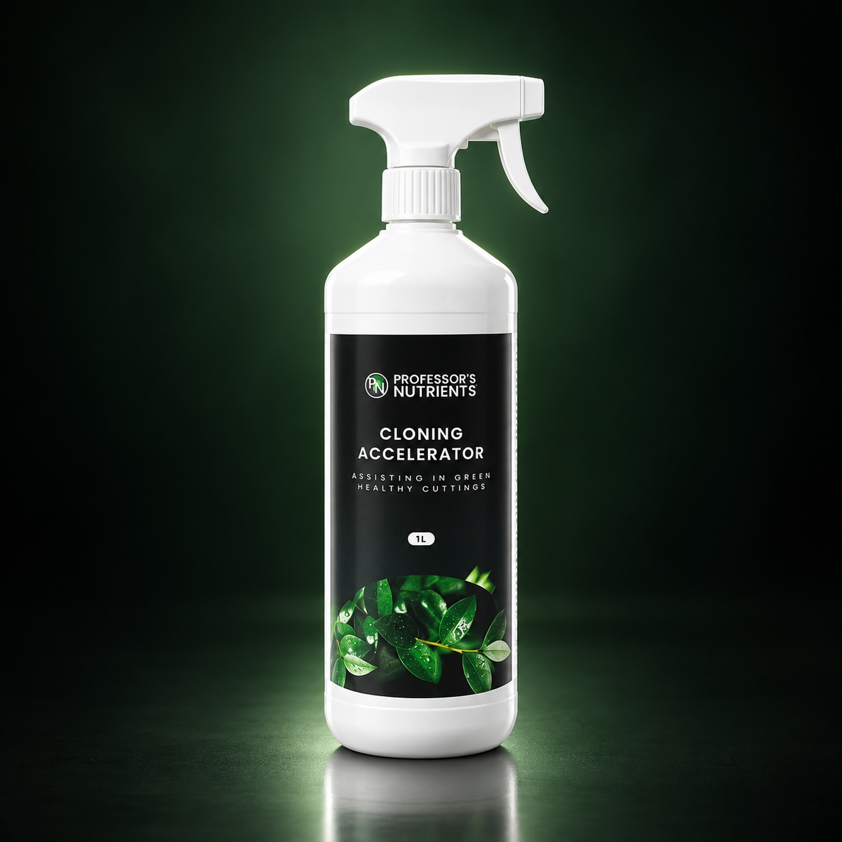 Premium studio render of the white Professor's Nutrient Cloning Accelerator 1L trigger bottle with black and green label.