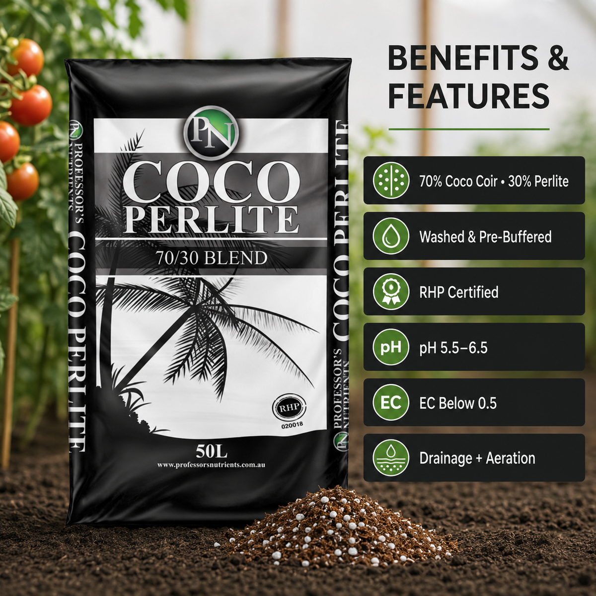 Benefits and features of Professors Coco Perlite 50L, including 70/30 composition, RHP certification, pH and EC specifications.