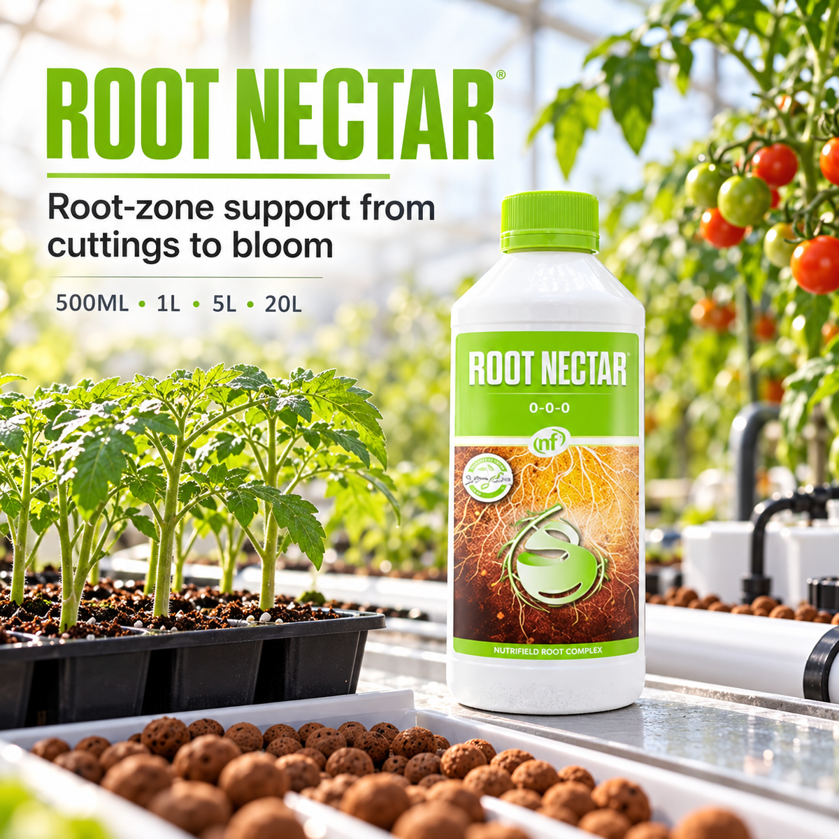 General advertisement for Nutrifield ROOT NECTAR 1L in a tomato greenhouse, showing four available sizes and root-zone support from cuttings to bloom.