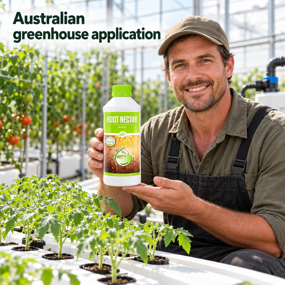 Adult Australian greenhouse grower presenting a closed Nutrifield ROOT NECTAR 1L bottle beside tomato seedlings.