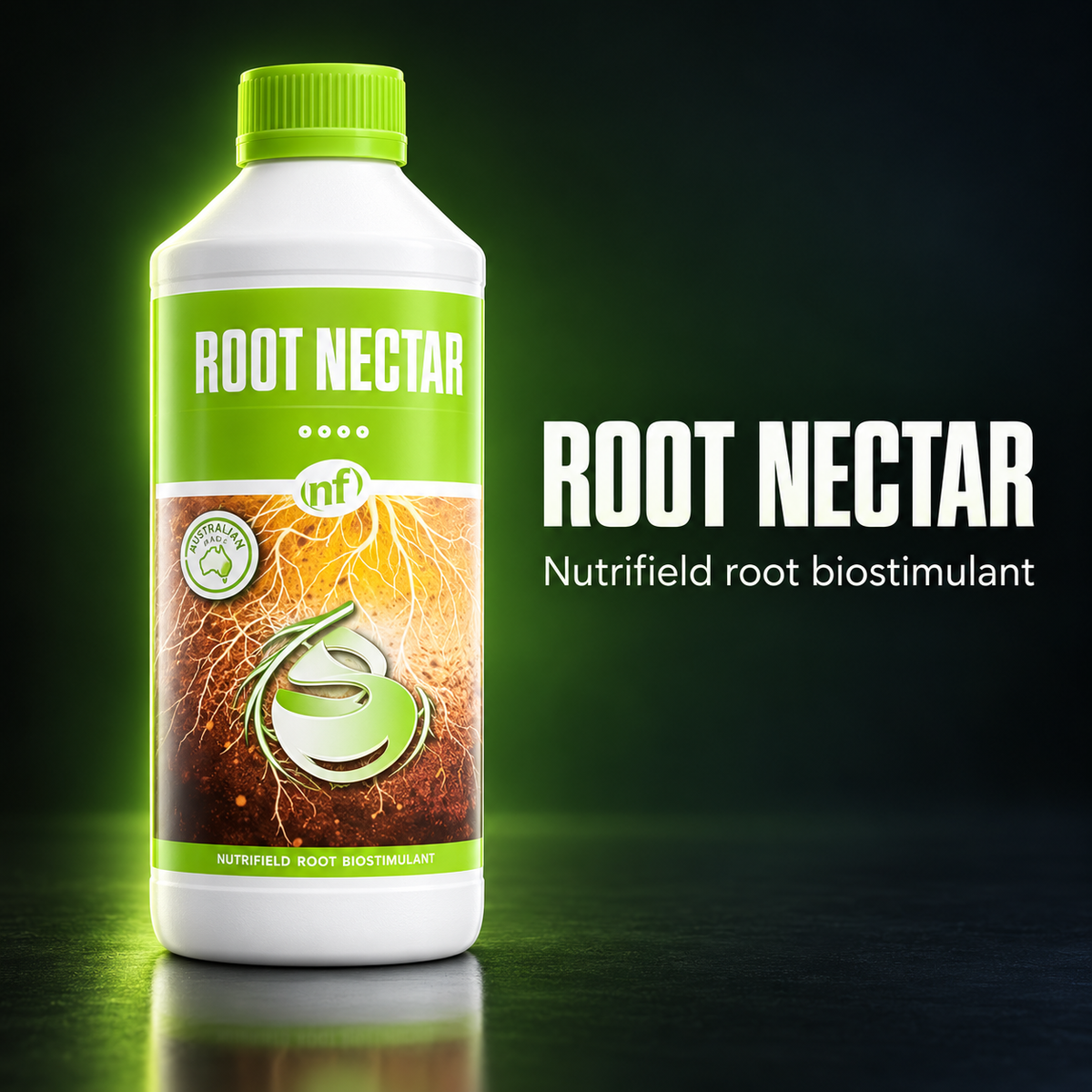 Premium three-quarter studio render of a Nutrifield ROOT NECTAR 1L bottle on a dark green background.